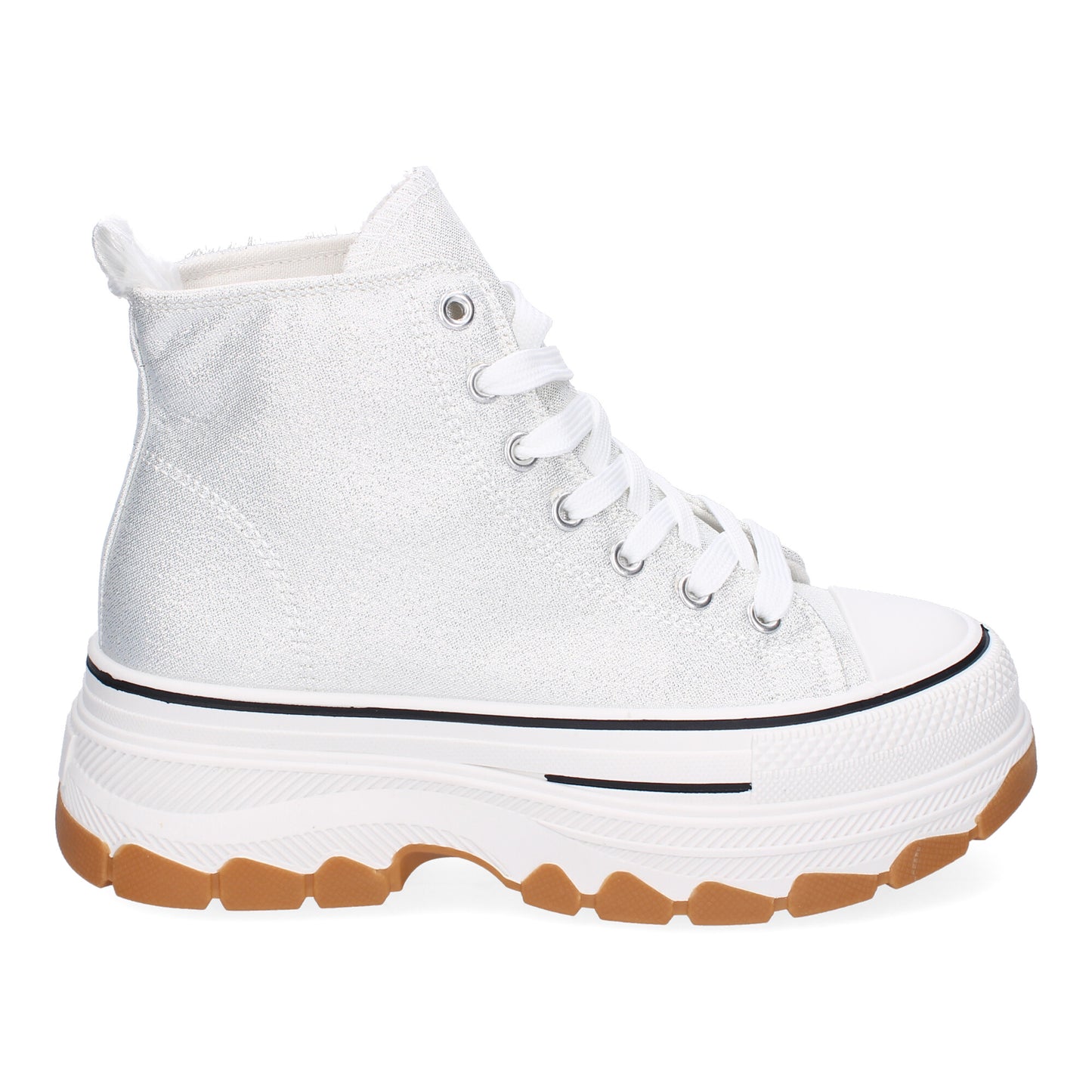 Zapatilla abotinada de plataforma para mujer en color plata, estilo bamba de lona.