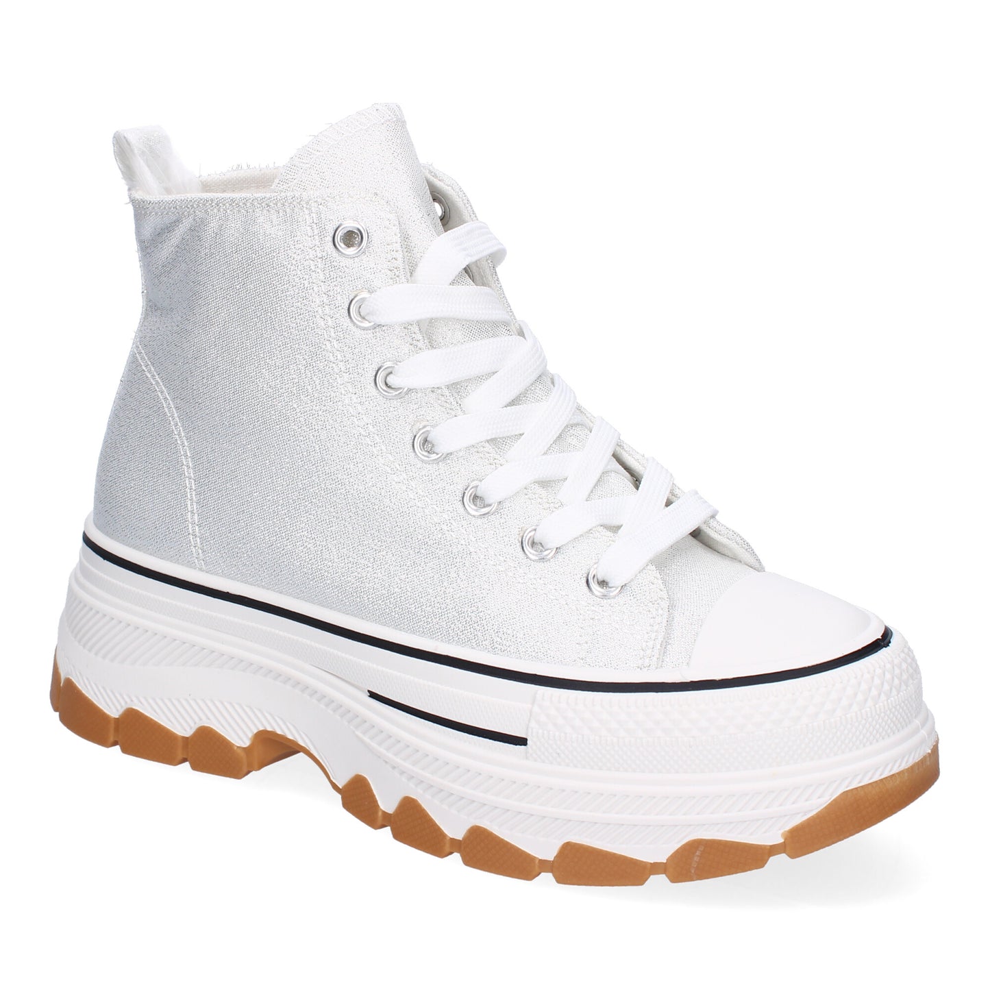 Zapatilla abotinada de plataforma para mujer en color plata, estilo bamba de lona.