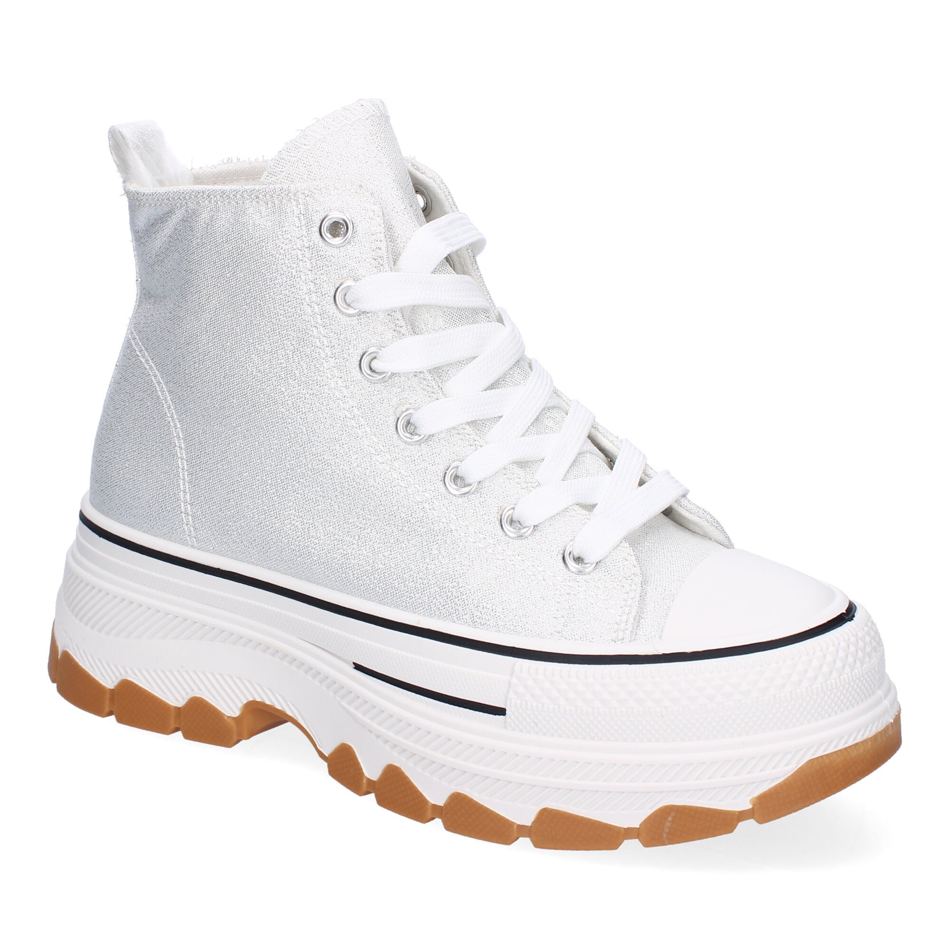 Zapatilla abotinada de plataforma para mujer en color plata, estilo bamba de lona.