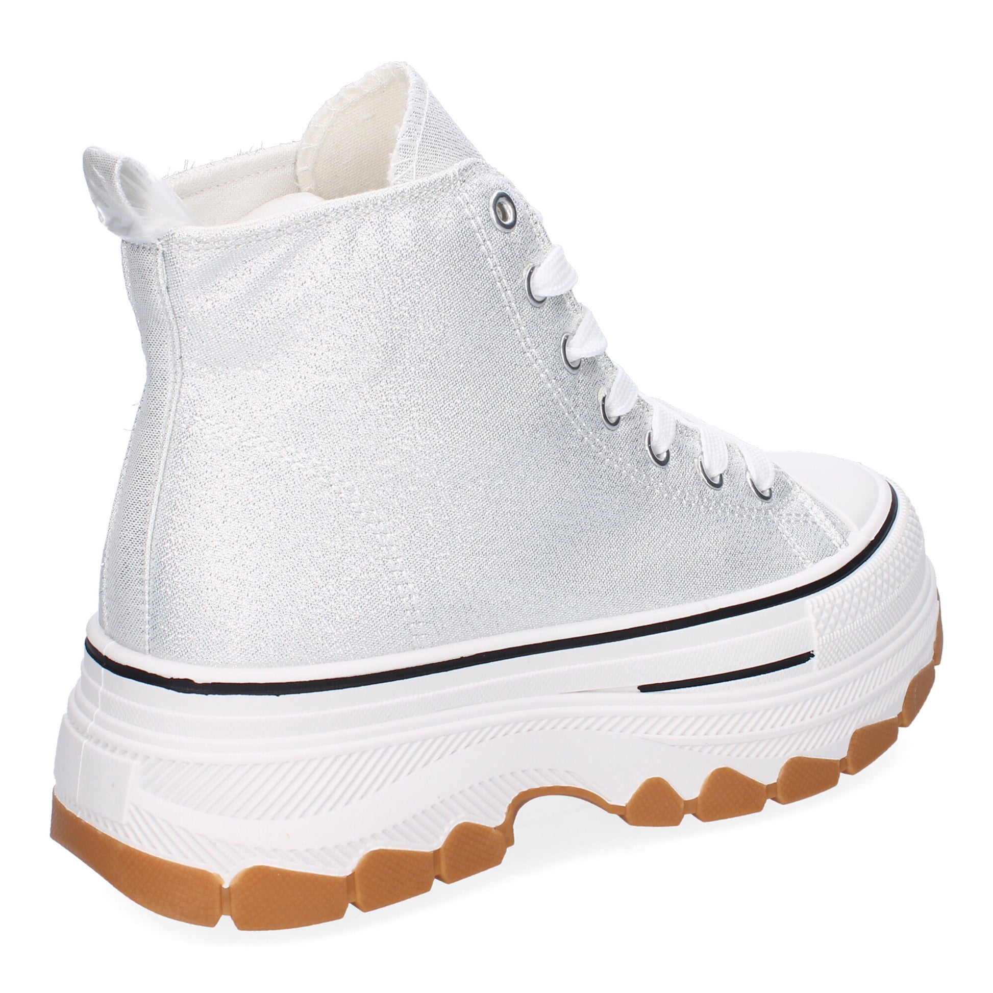 Zapatilla abotinada de plataforma para mujer en color plata, estilo bamba de lona.