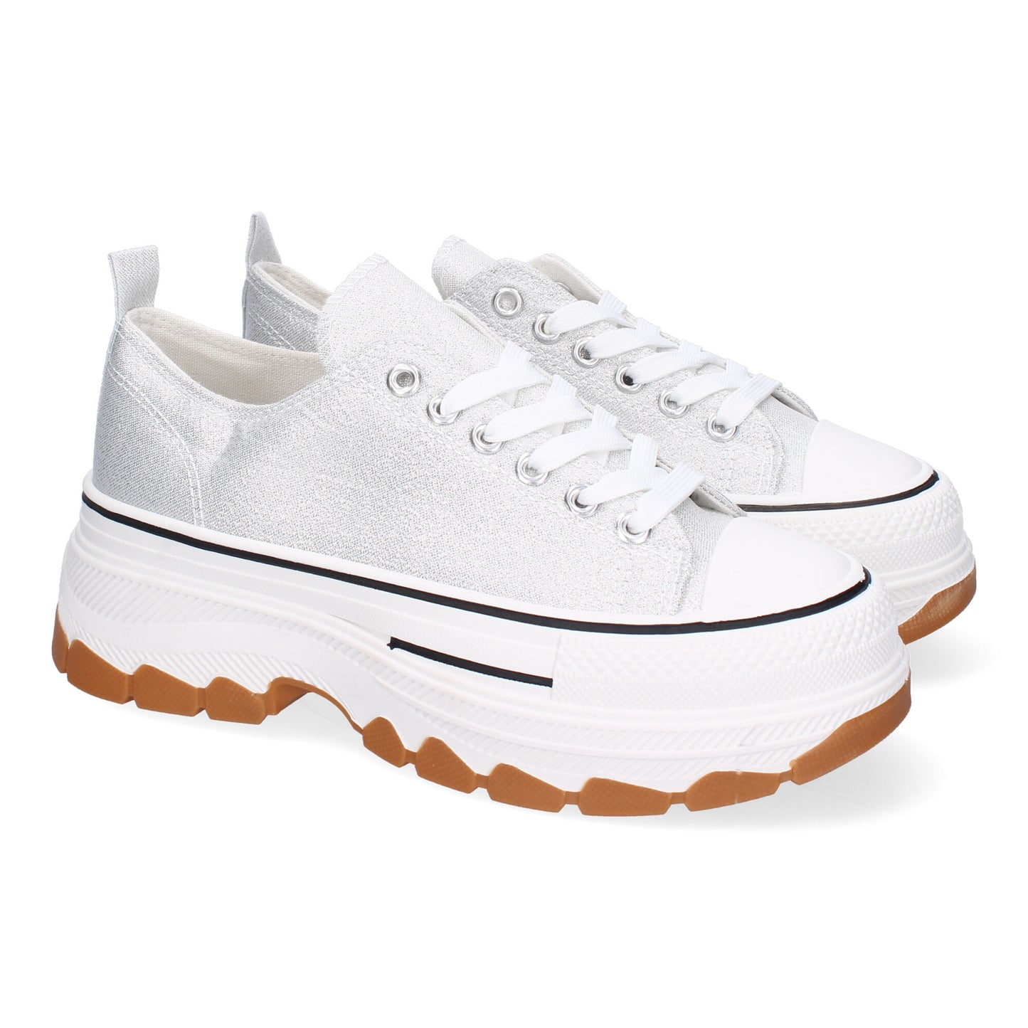 Zapatilla de plataforma para mujer en color plata, estilo bamba de lona.