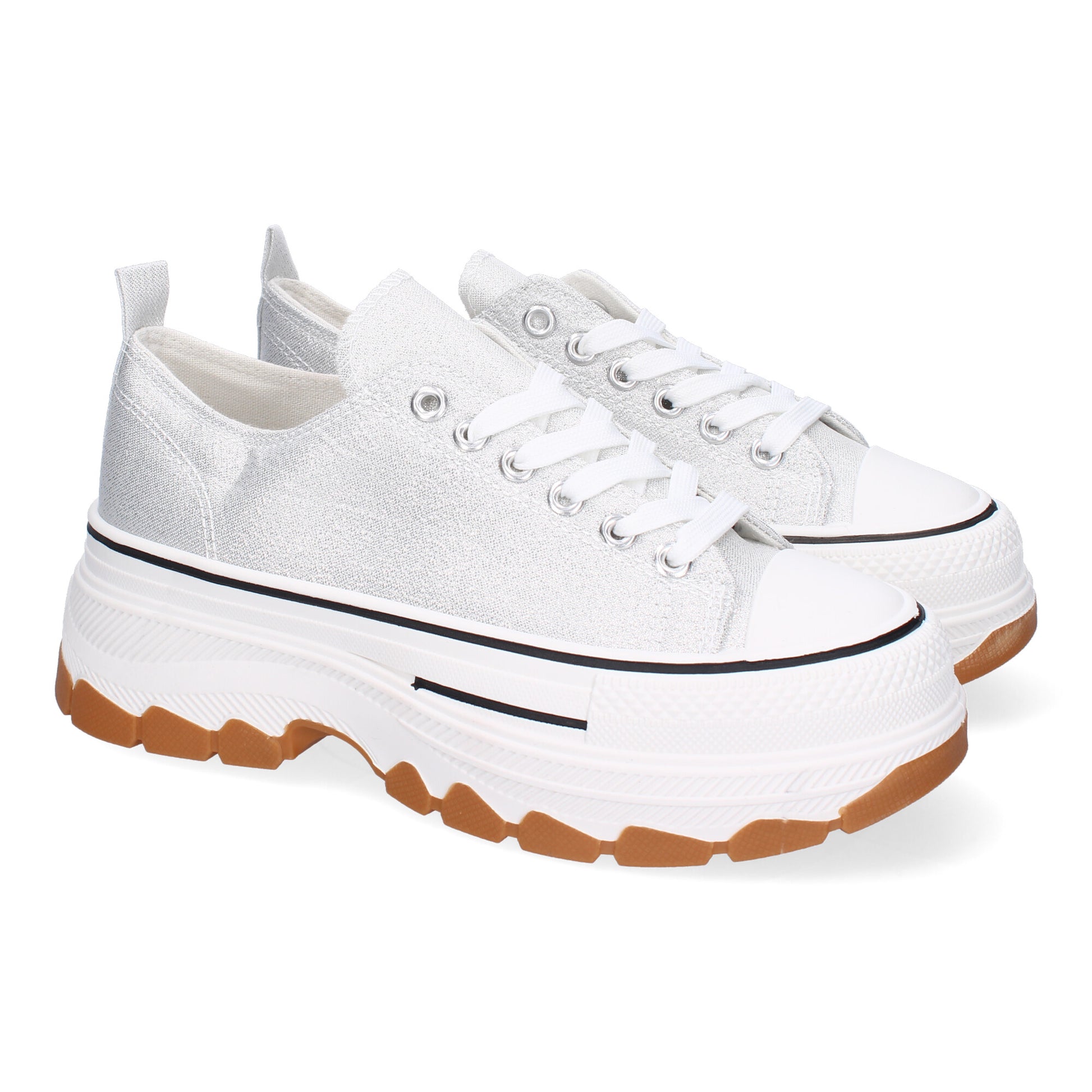 Zapatilla de plataforma para mujer en color plata, estilo bamba de lona.
