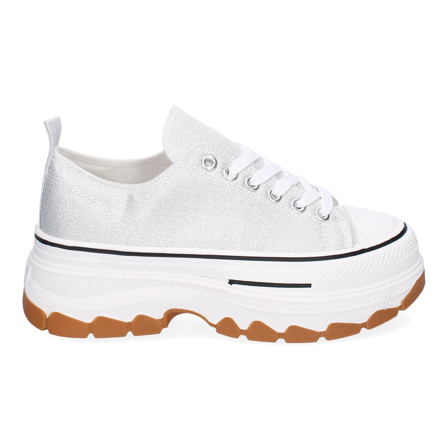 Zapatilla de plataforma para mujer en color plata, estilo bamba de lona.