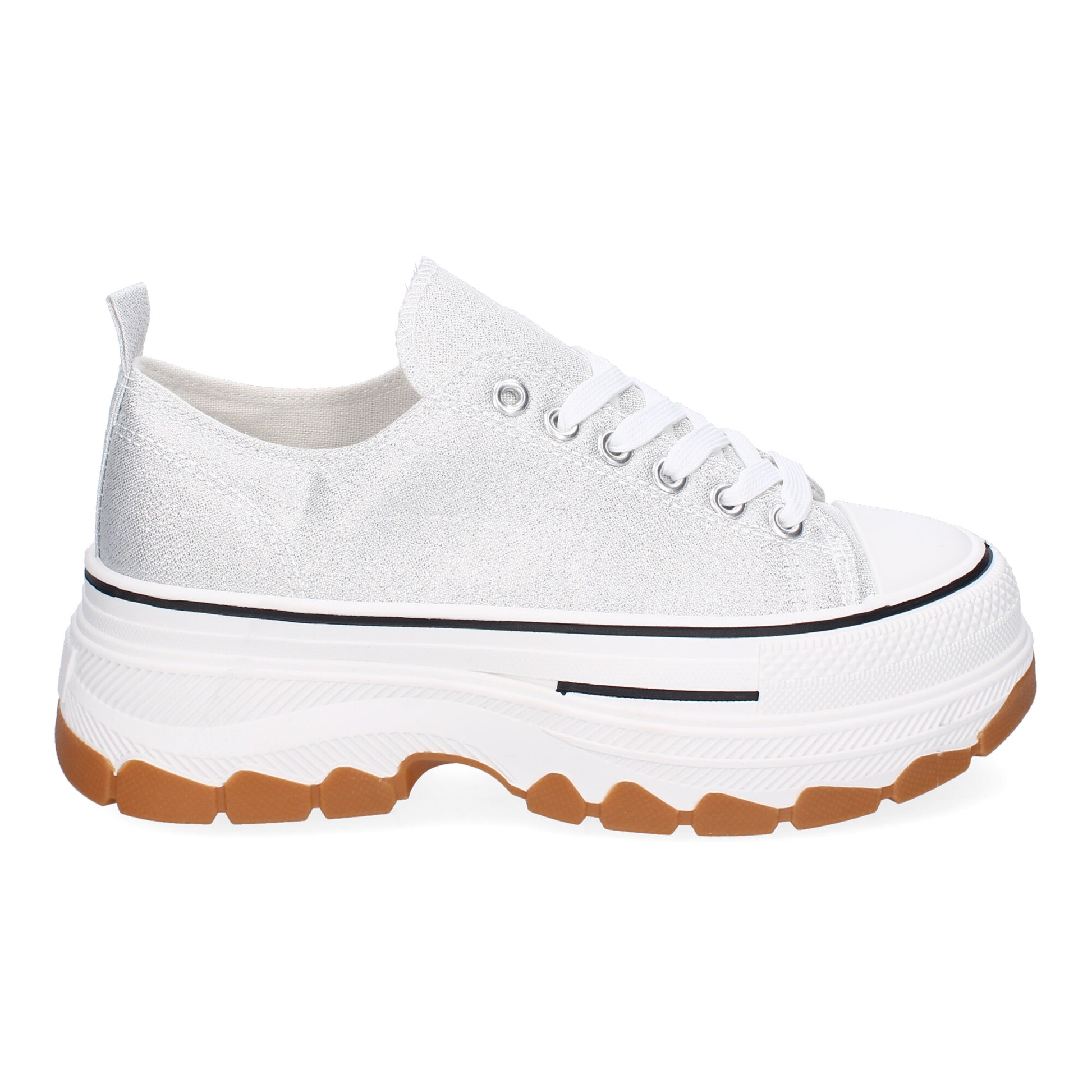 Zapatilla de plataforma para mujer en color plata, estilo bamba de lona.