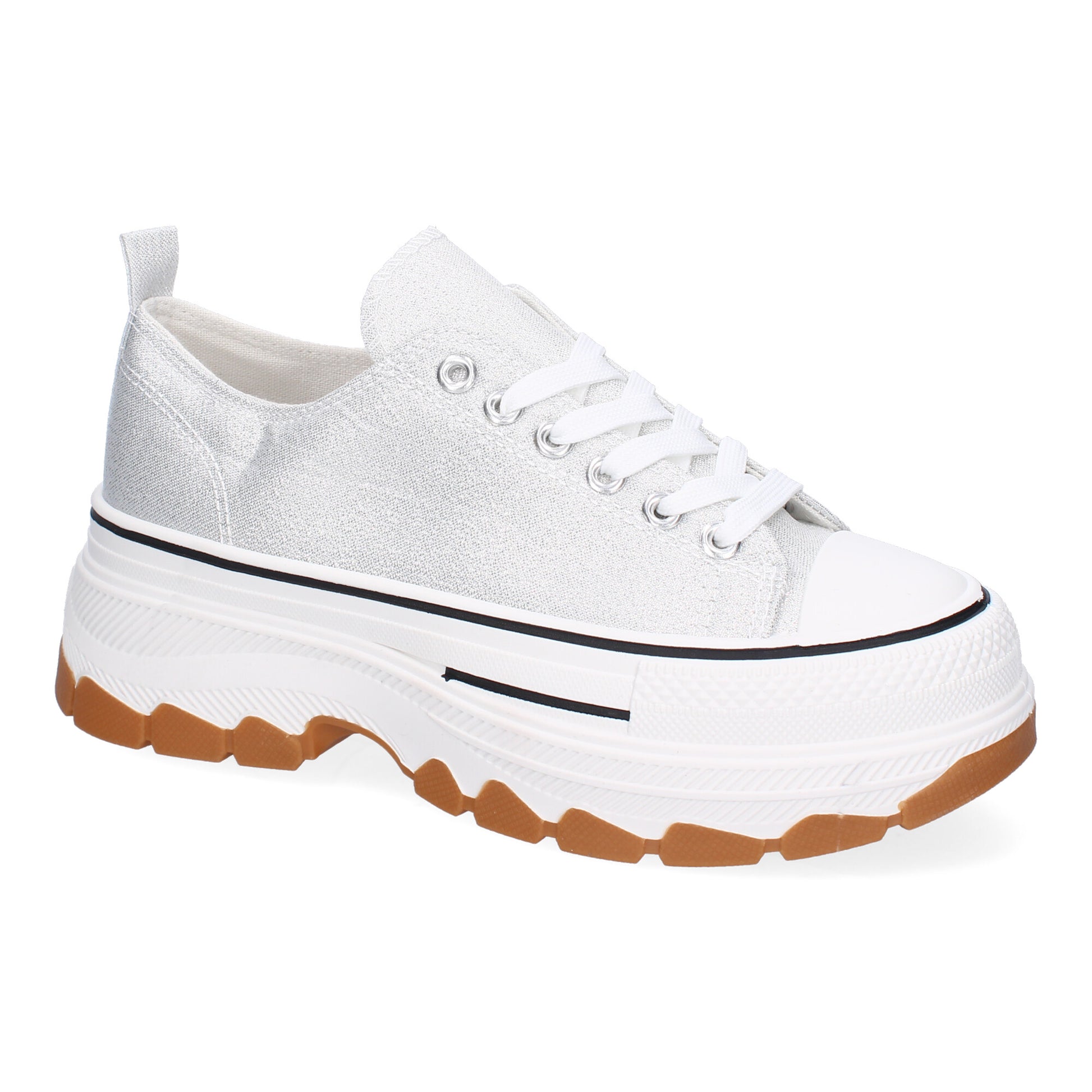 Zapatilla de plataforma para mujer en color plata, estilo bamba de lona.