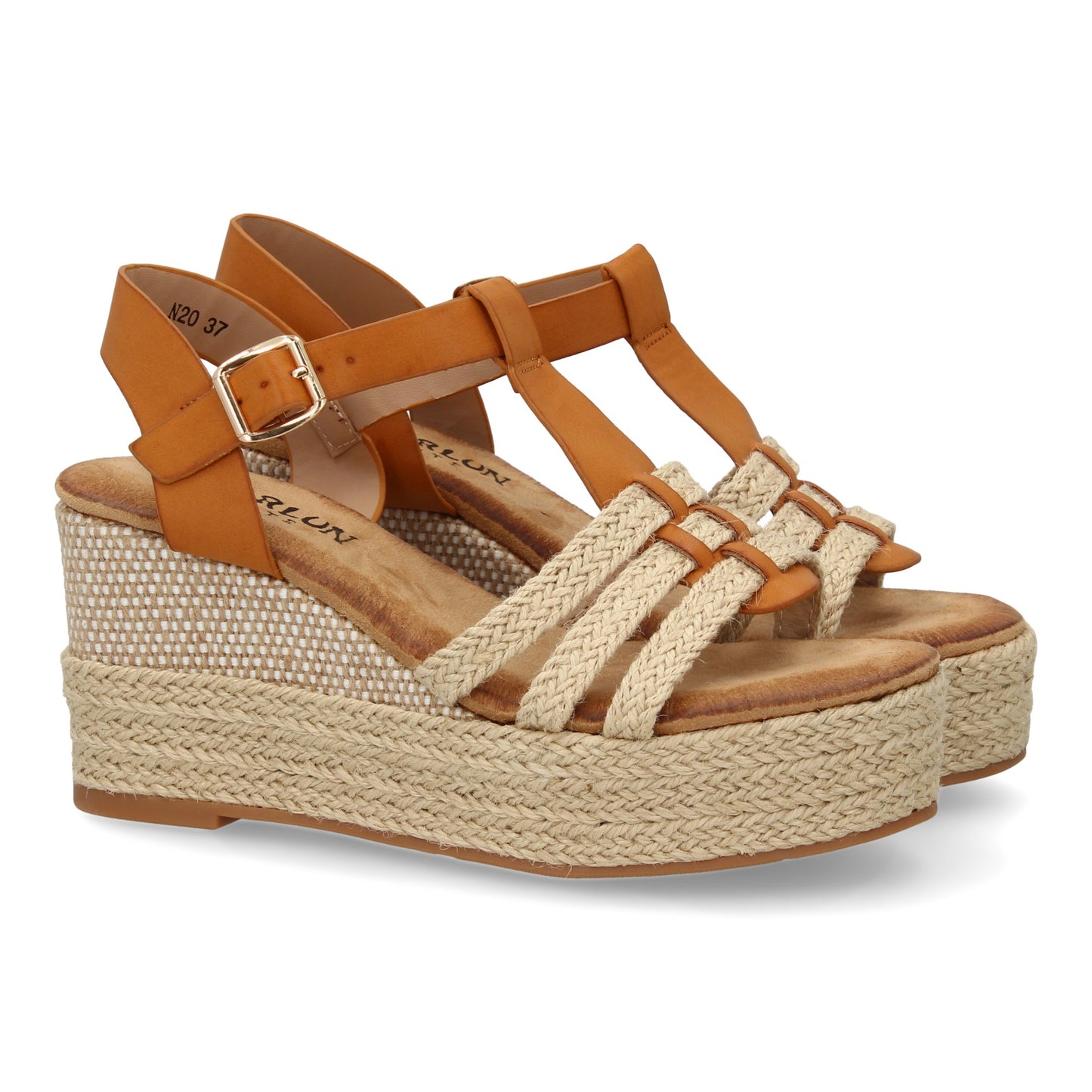 Sandalia de cuña de yute camel para mujer con tiras y hebilla.