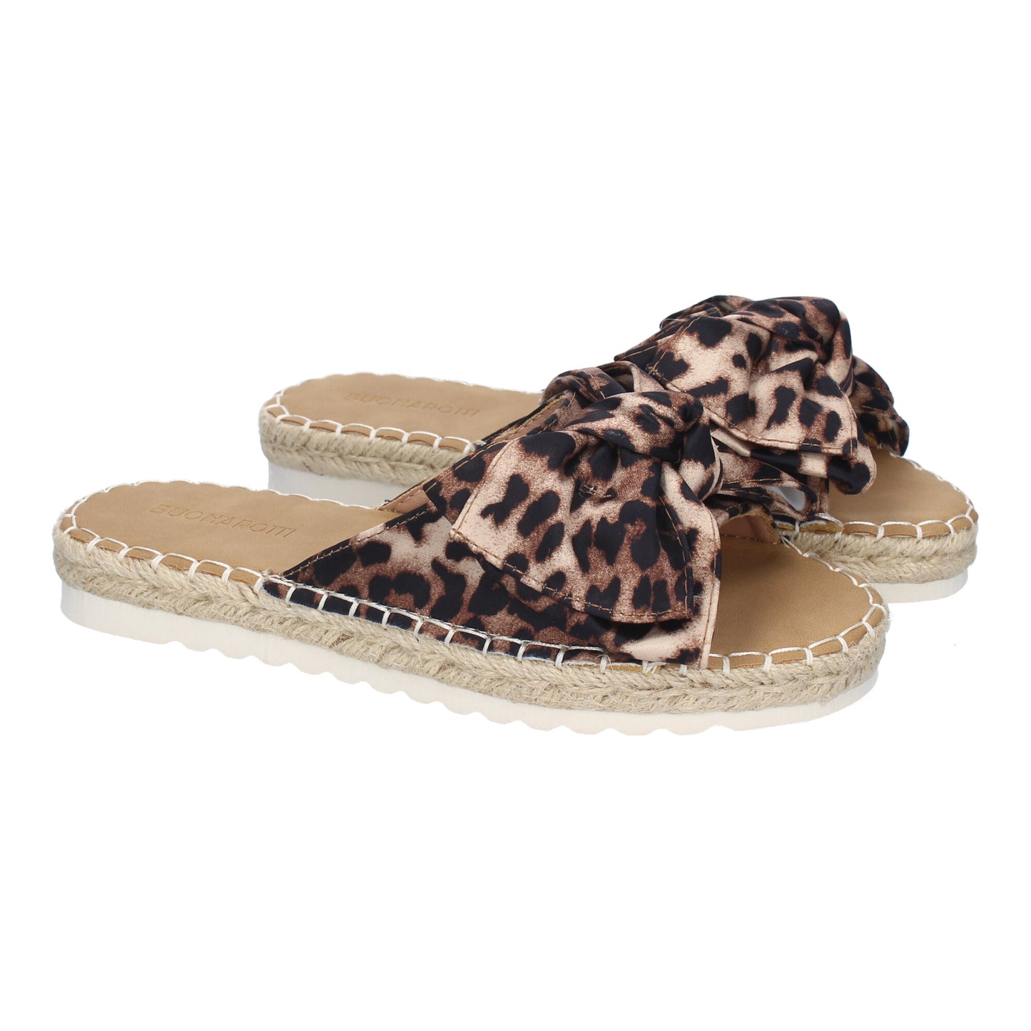 Sandalia plana de mujer con estampado de leopardo y lazo.