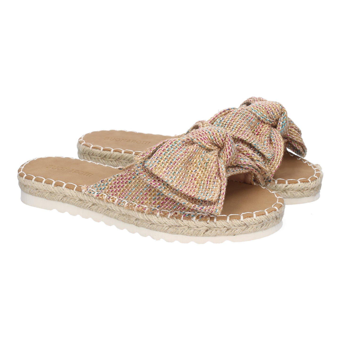 Sandalia plana multicolor de mujer con lazo en la pala.