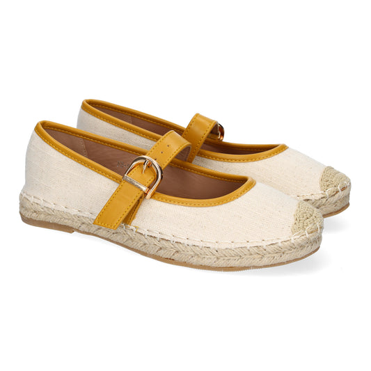 Bailarina alpargata de yute amarilla con puntera bordada y hebilla.