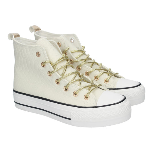 Zapatilla Abotinada Plana para Mujer Cómodas y Elegantes Puntera Redonda Estilo Bamba y Cierre de Cordoneras color Blanco