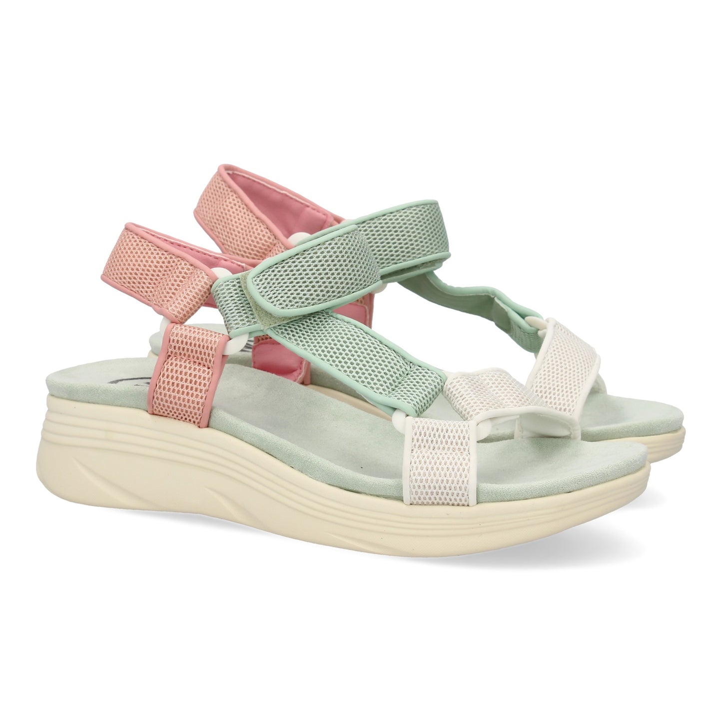 Sandalia plana para mujer en color verde, cómoda, elegante, con cierre de velcro y tiras cruzadas.