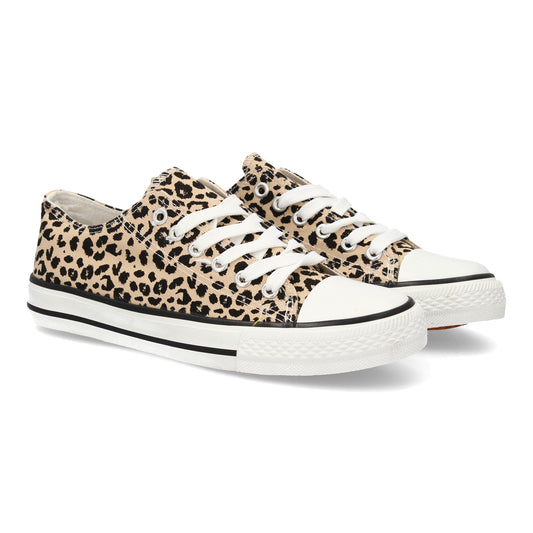 Zapatilla plana para mujer con estampado de leopardo, cómoda, de lona, estilo bamba casual y cierre de cordones.