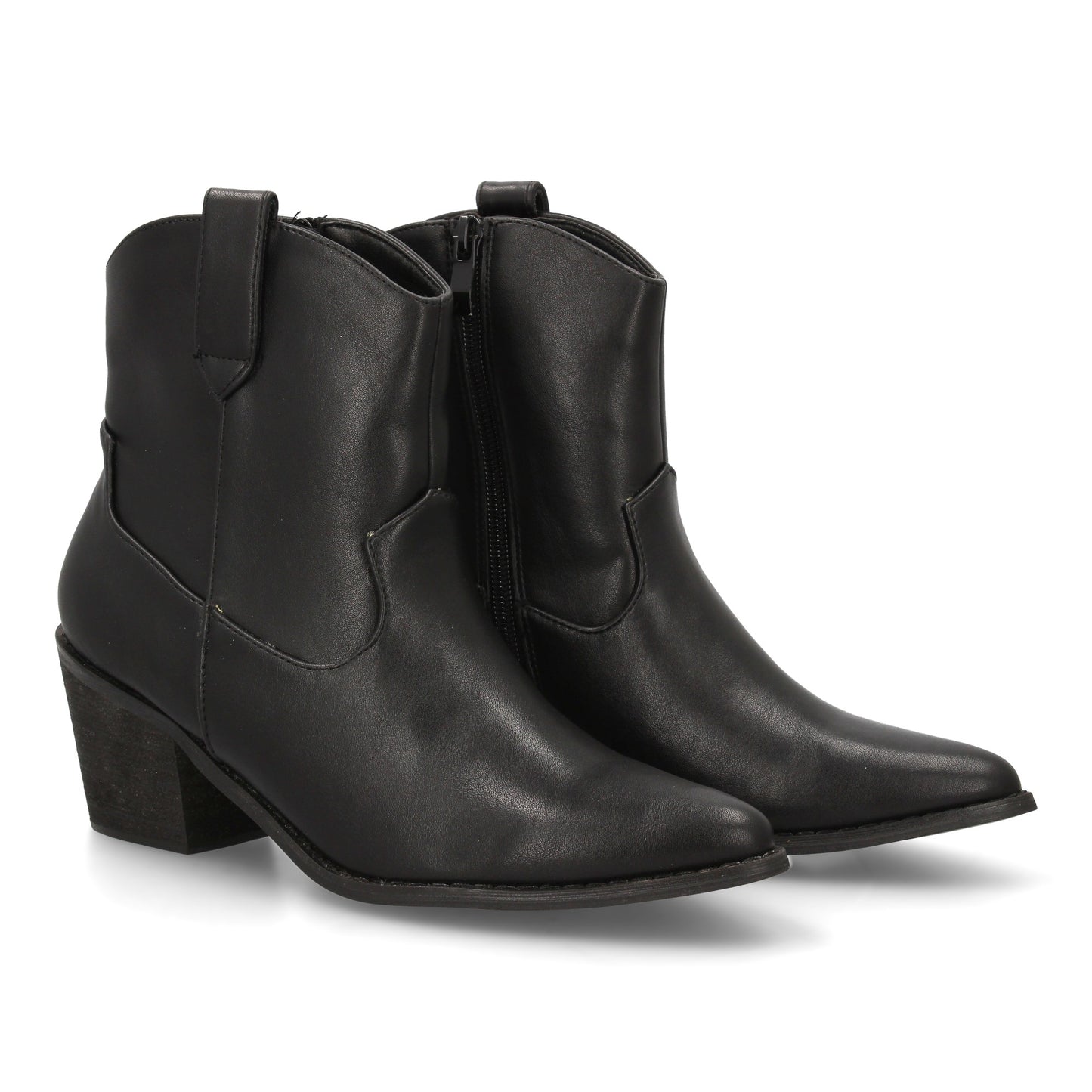 Botín cowboy corto para mujer FZL-0117A en color negro, fabricado en serraje, con tacón de madera ancho y cierre de cremallera.
