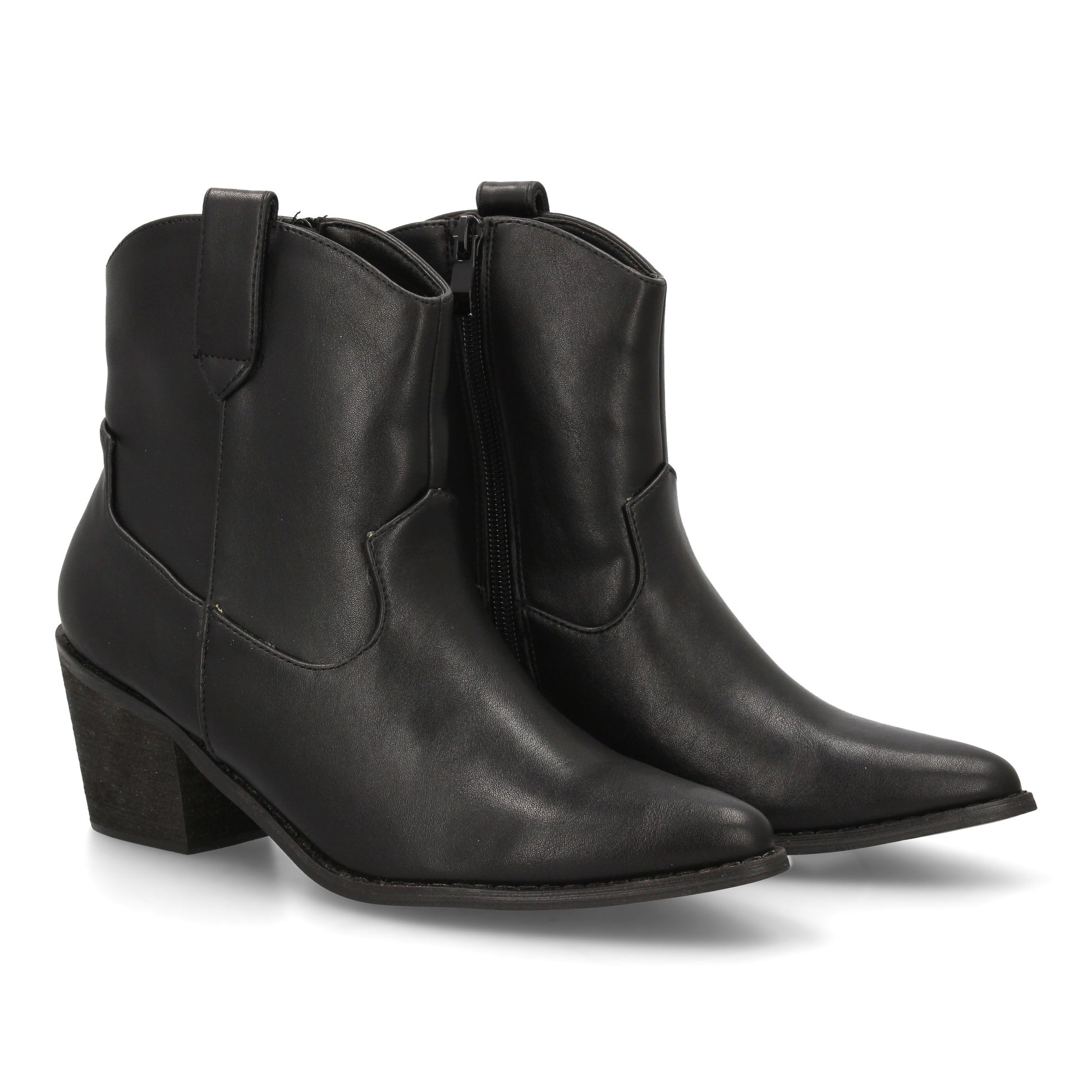 Botín cowboy corto para mujer FZL-0117A en color negro, fabricado en serraje, con tacón de madera ancho y cierre de cremallera.