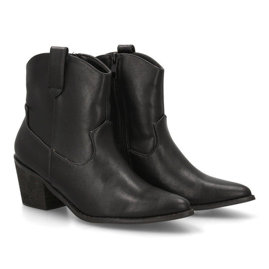 Botín cowboy corto para mujer FZL-0117A en color negro, fabricado en serraje, con tacón de madera ancho y cierre de cremallera.