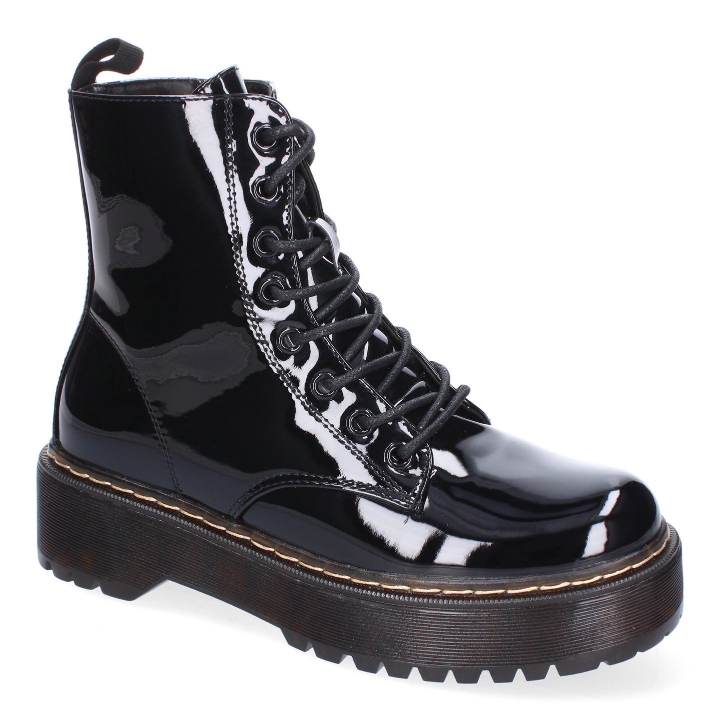 Botín de mujer estilo charol en color negro con doble suela, plataforma, cremallera y cordoneras.