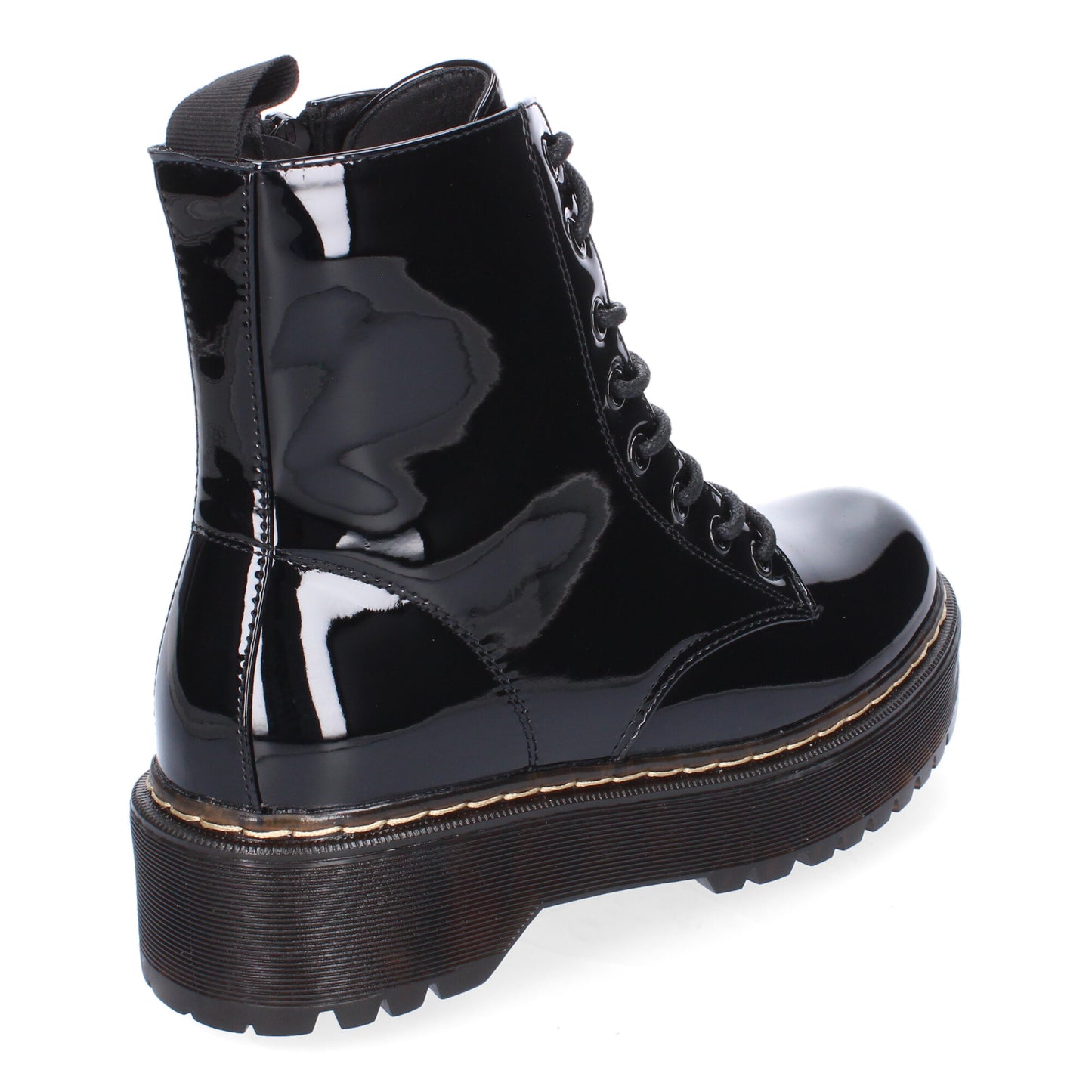 Botín de mujer estilo charol en color negro con doble suela, plataforma, cremallera y cordoneras.