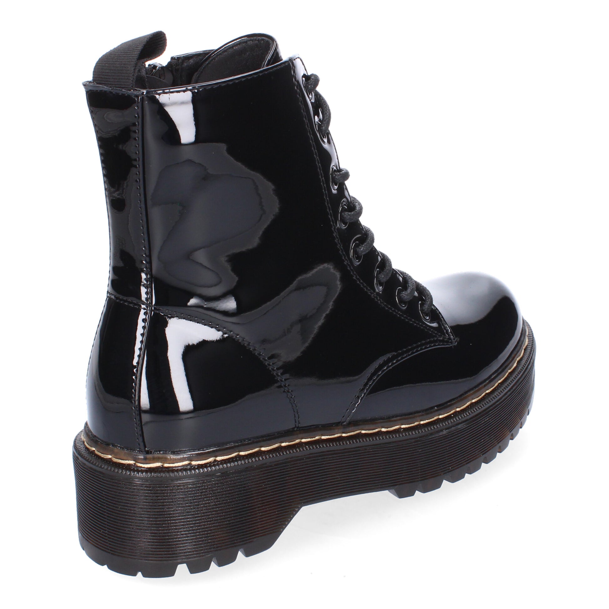 Botín de mujer estilo charol en color negro con doble suela, plataforma, cremallera y cordoneras.