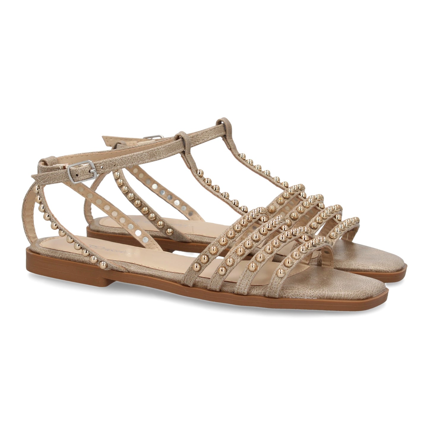Sandalia plana para mujer H83 en color kaki, cómoda, elegante, con diseño moderno, adornos brillantes y cierre de hebilla.
