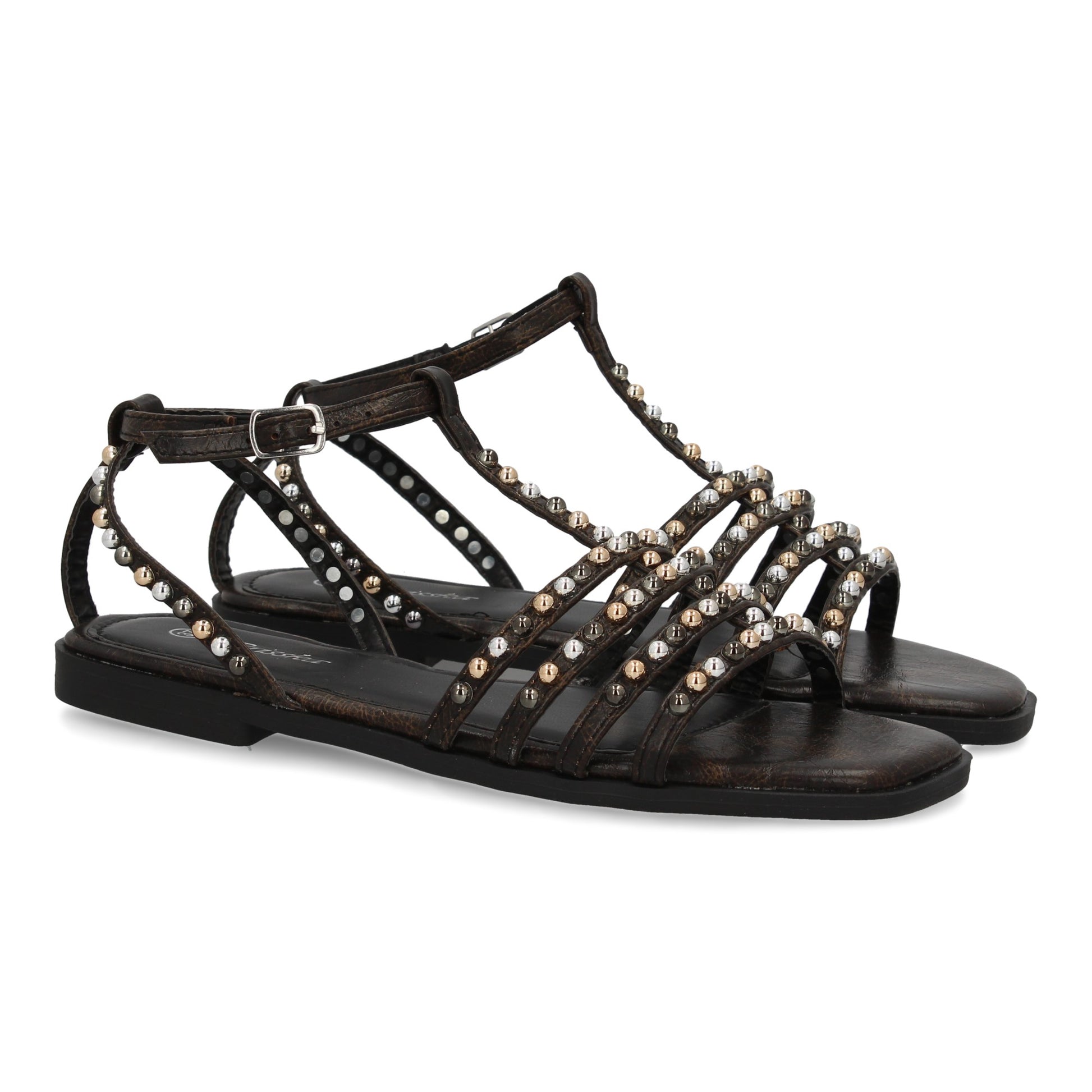 Sandalia plana para mujer H83 en color negro, cómoda, elegante, con diseño moderno, adornos brillantes y cierre de hebilla.