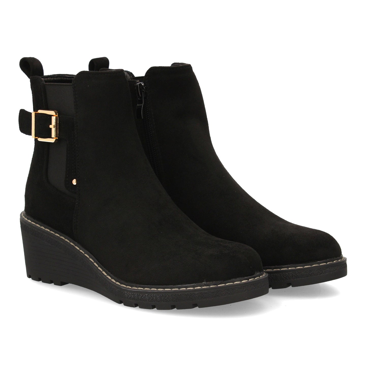 Bota de caña media color negro de mujer, con cuña cómoda, diseño sobrio y cierre de cremallera.