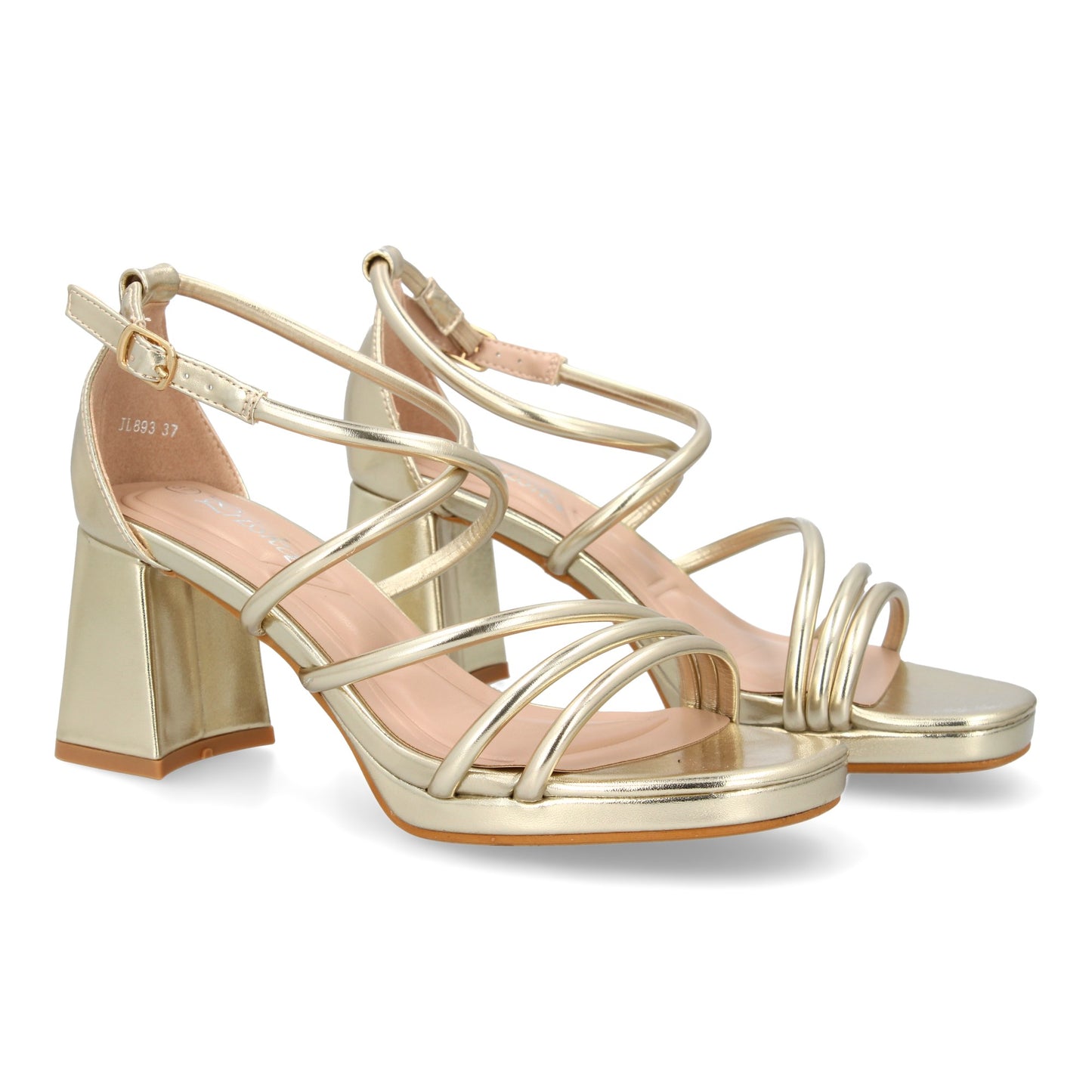 Sandalia de tacón color oro para mujer con tiras finas, plataforma y tacón ancho, cierre de hebilla.