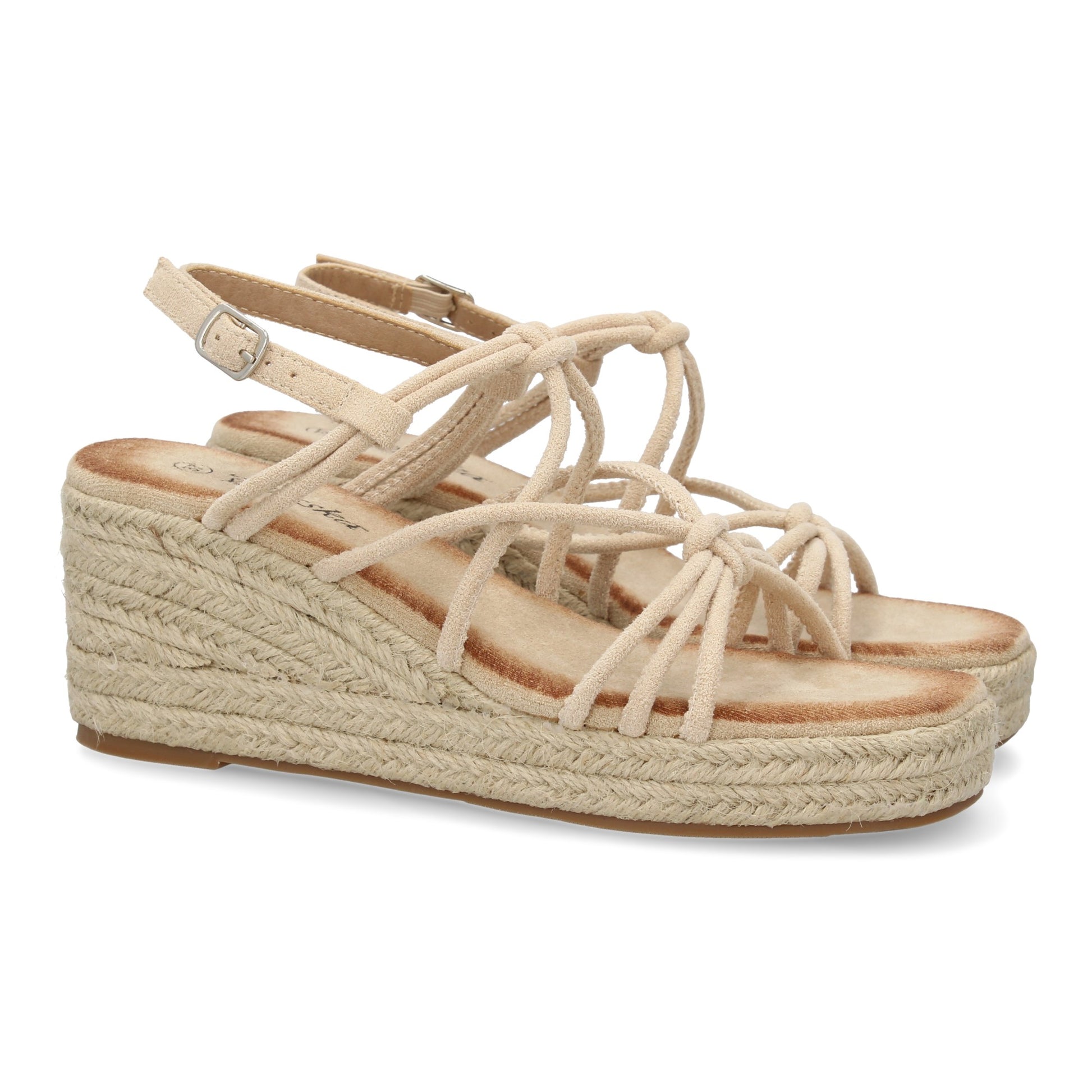 Sandalias de cuña de yute beige de mujer con tiras cruzadas en la pala y cierre de hebilla.