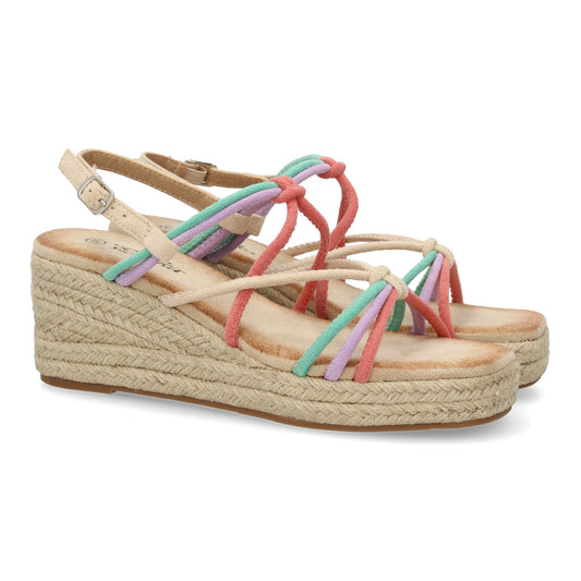 Sandalias de cuña de yute multicolor de mujer con tiras cruzadas en la pala y cierre de hebilla.