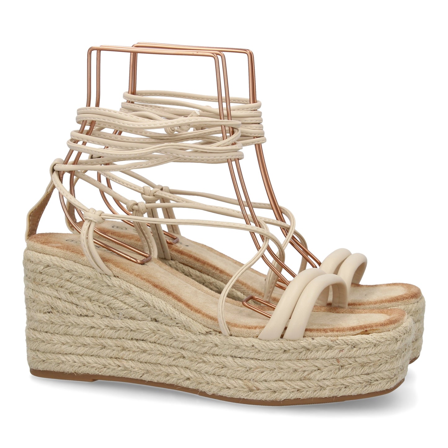 Sandalia de cuña de yute beige de mujer con tiras cruzadas y cierre de cordones al tobillo.