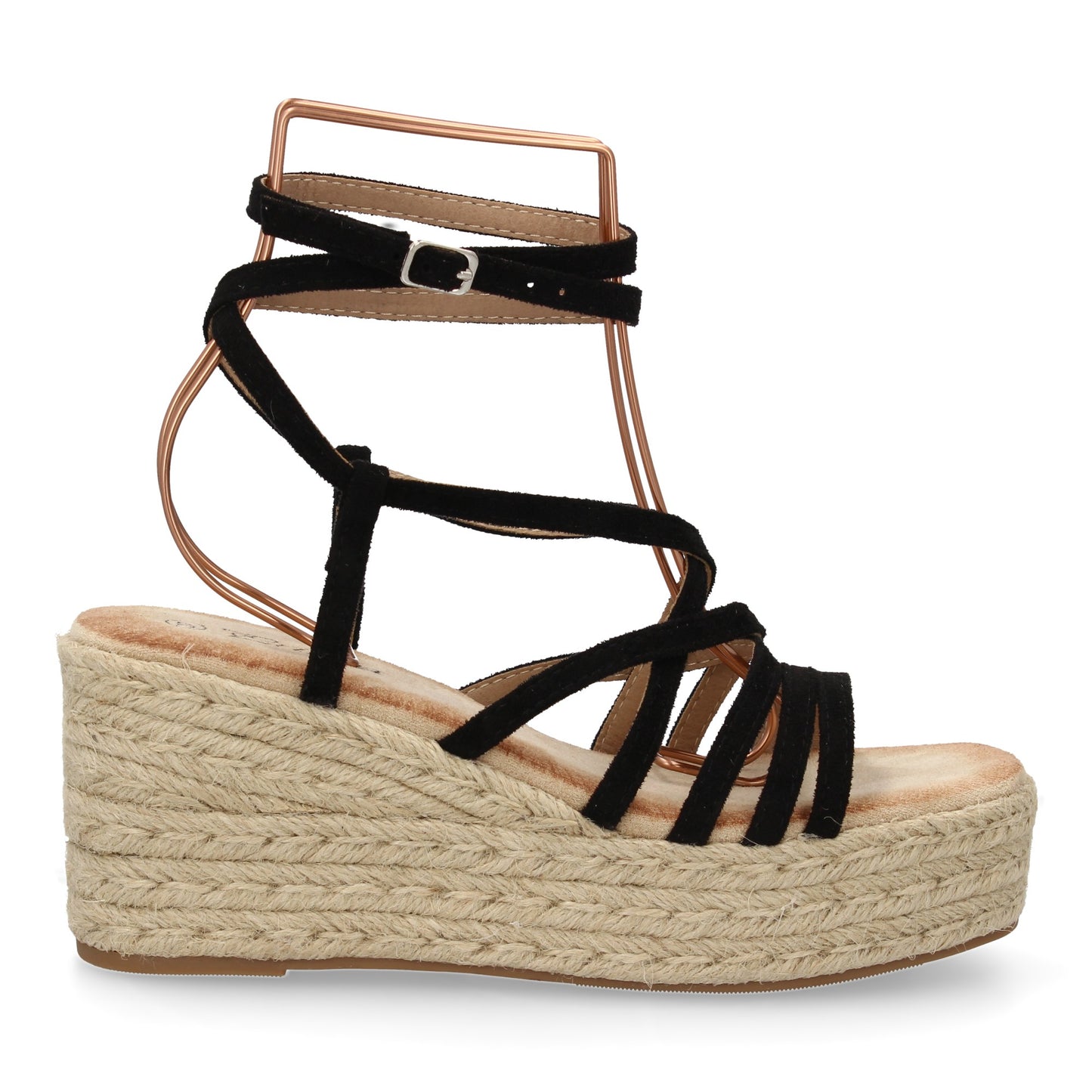 Sandalias de Cuña de Yute Negras - Tiras Cruzadas y Hebilla