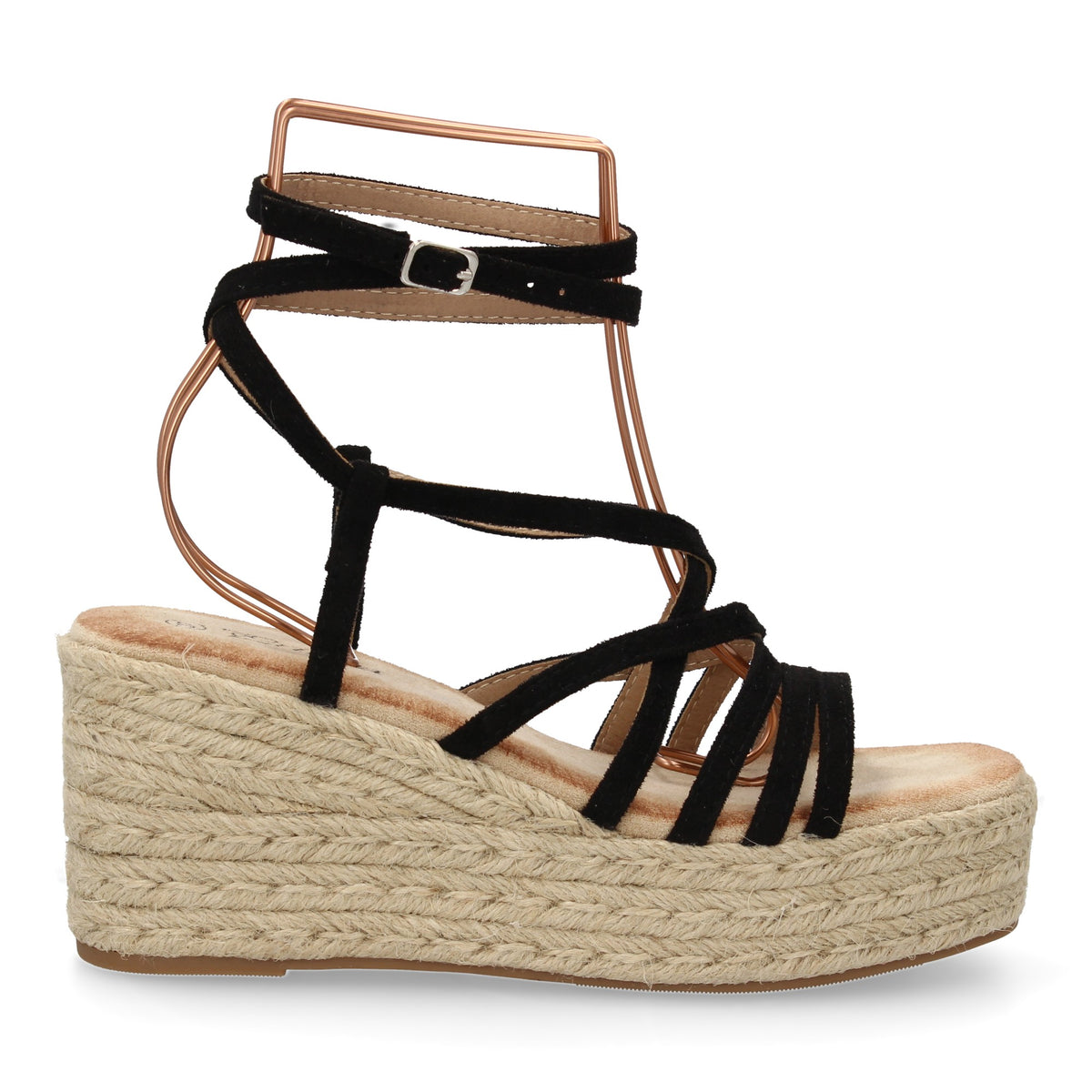 Sandalias de Cuña de Yute Negras - Tiras Cruzadas y Hebilla
