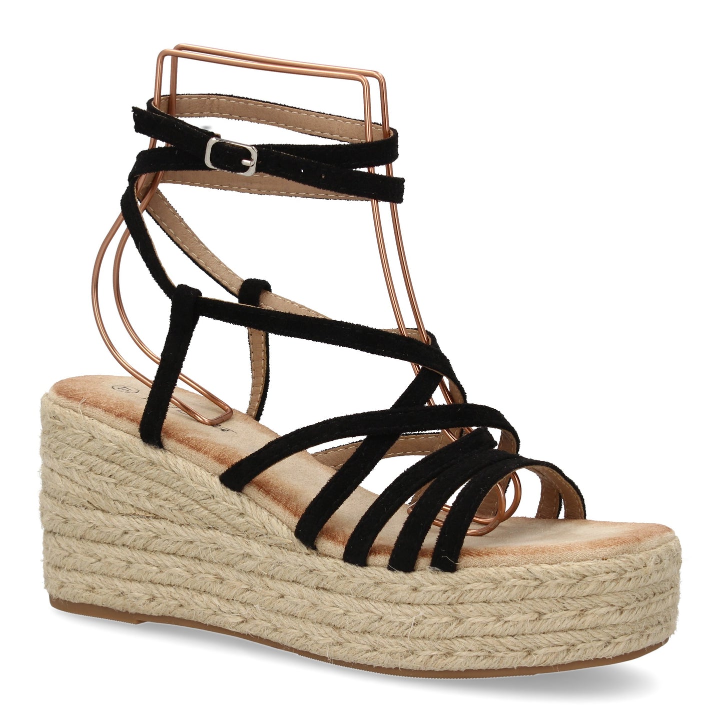 Sandalias de Cuña de Yute Negras - Tiras Cruzadas y Hebilla