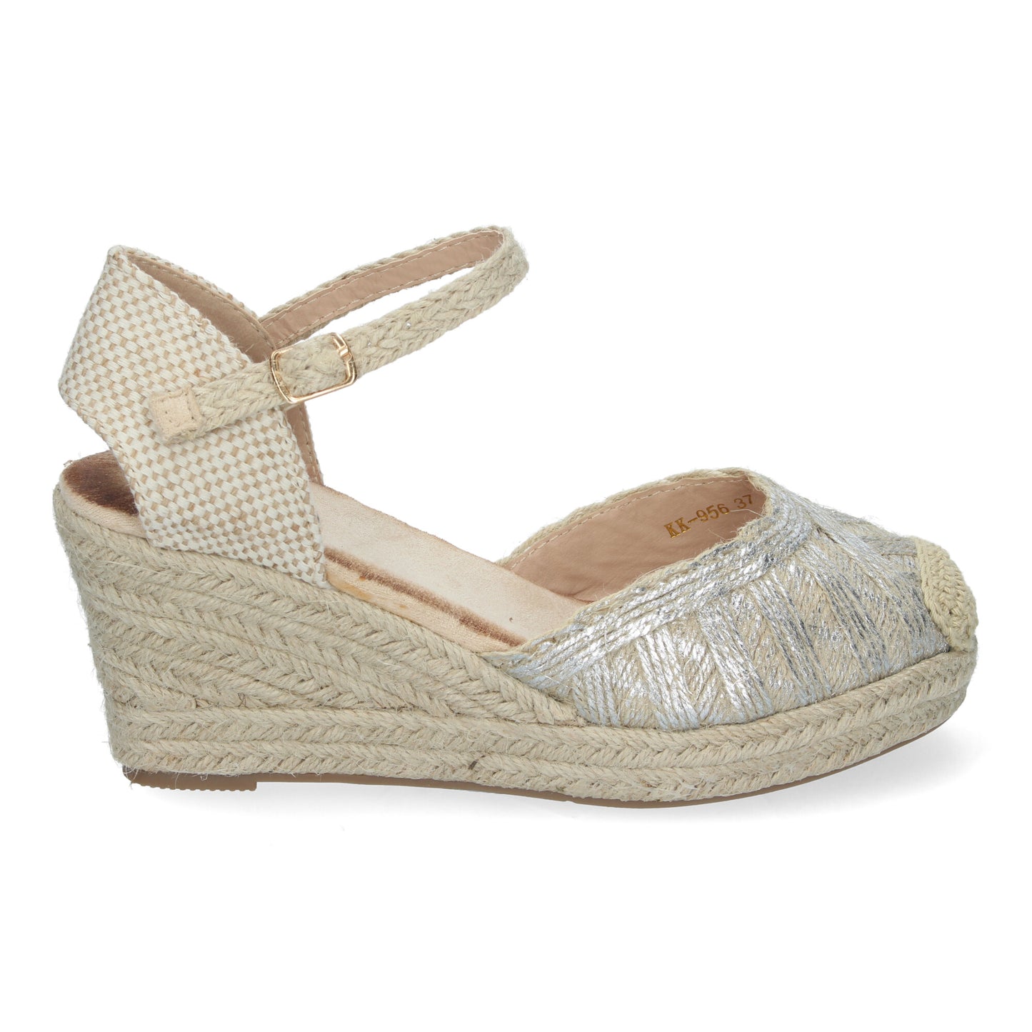 Sandalias de Cuña de Yute para Mujer Cómodas y Elegantes Punta Cerrada con Adornos Trenzados en la Pala y Cierre de Hebilla color Plata