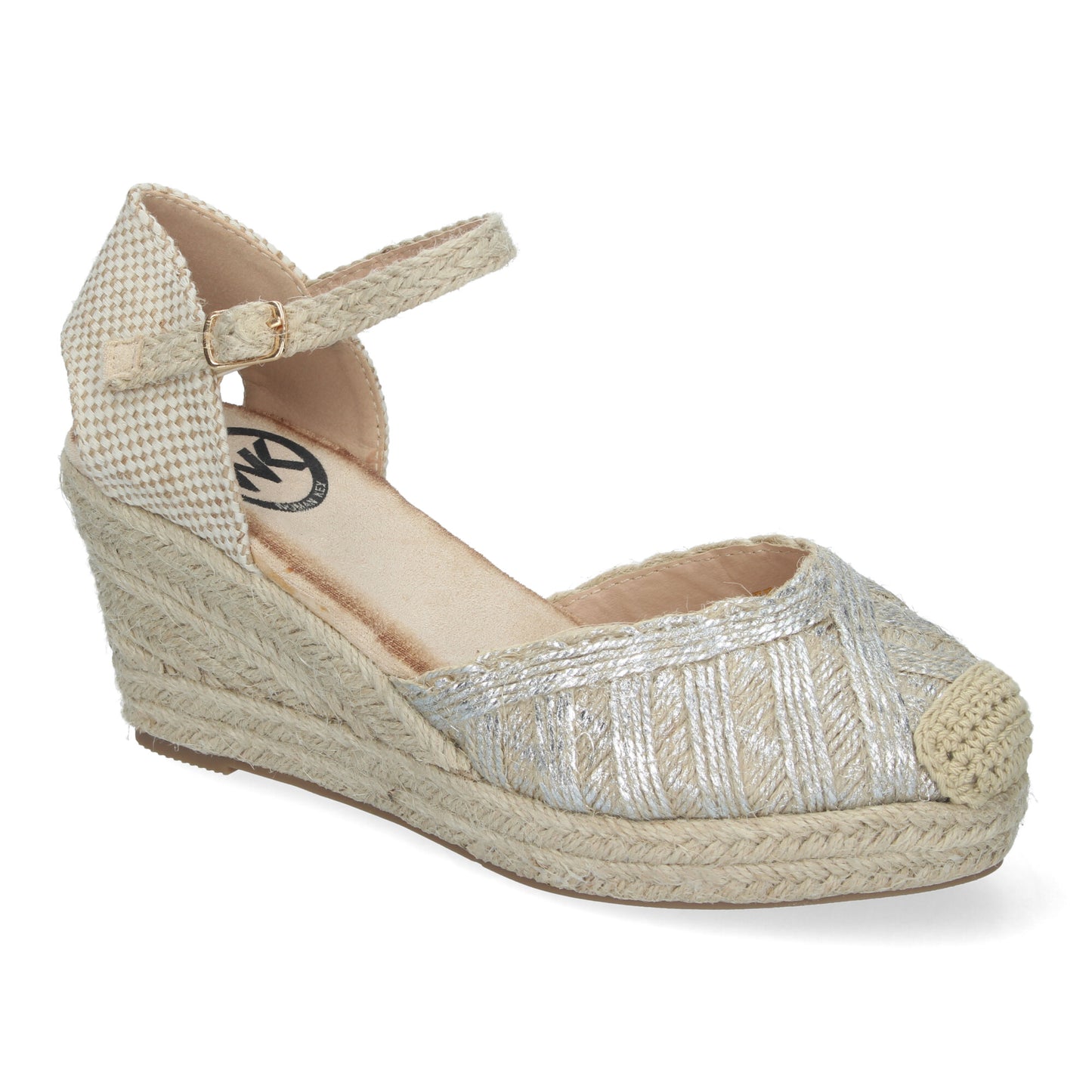 Sandalias de Cuña de Yute para Mujer Cómodas y Elegantes Punta Cerrada con Adornos Trenzados en la Pala y Cierre de Hebilla color Plata