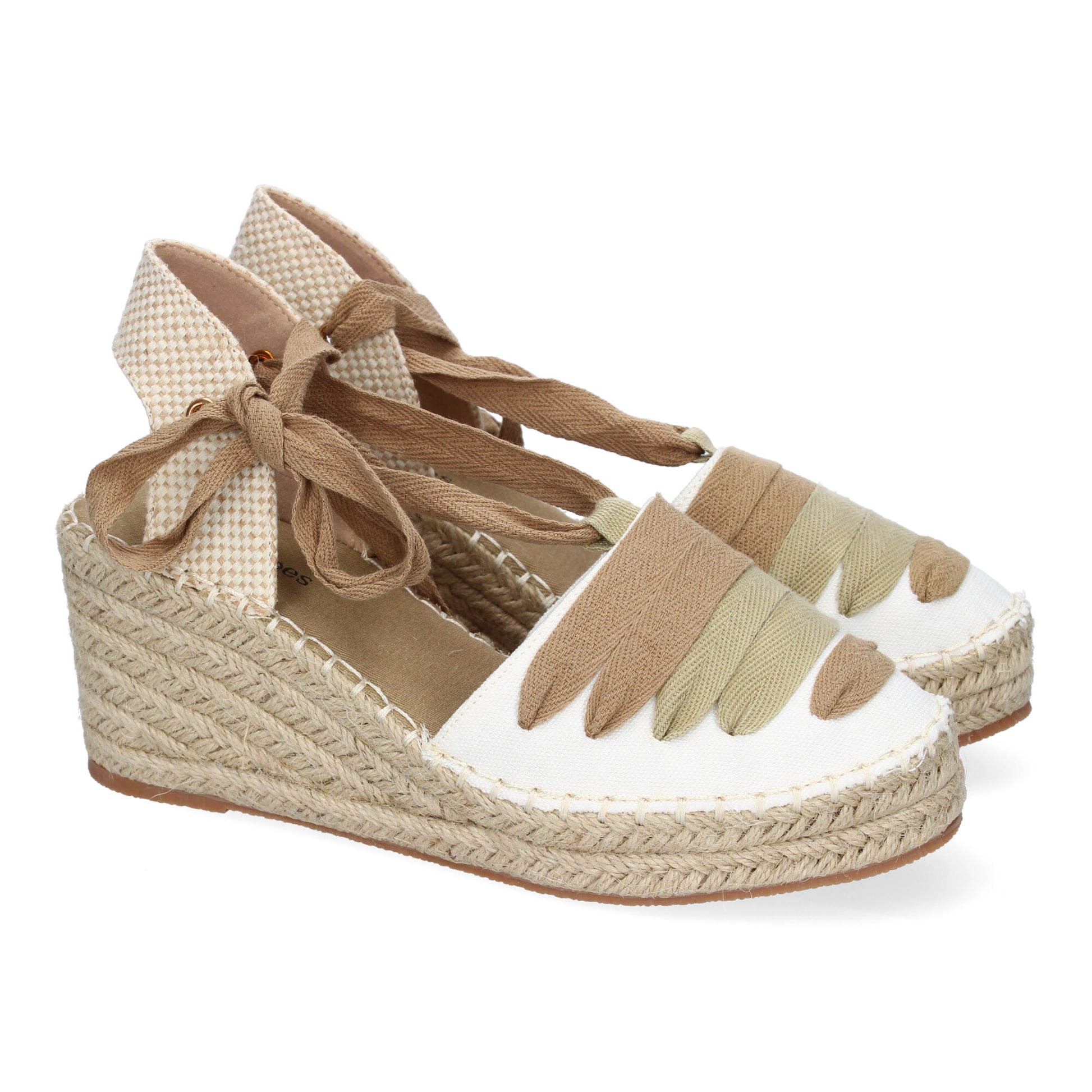 Sandalia de cuña de yute para mujer LL7U3 en color kaki, cómoda, con diseño moderno, adornos elegantes y cierre de cintas.