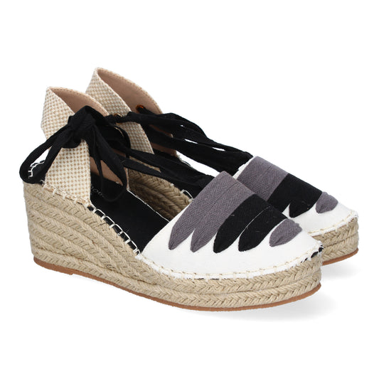 Sandalia de cuña de yute para mujer LL7U3 en color negro, cómoda, con diseño moderno, adornos elegantes y cierre de cintas.