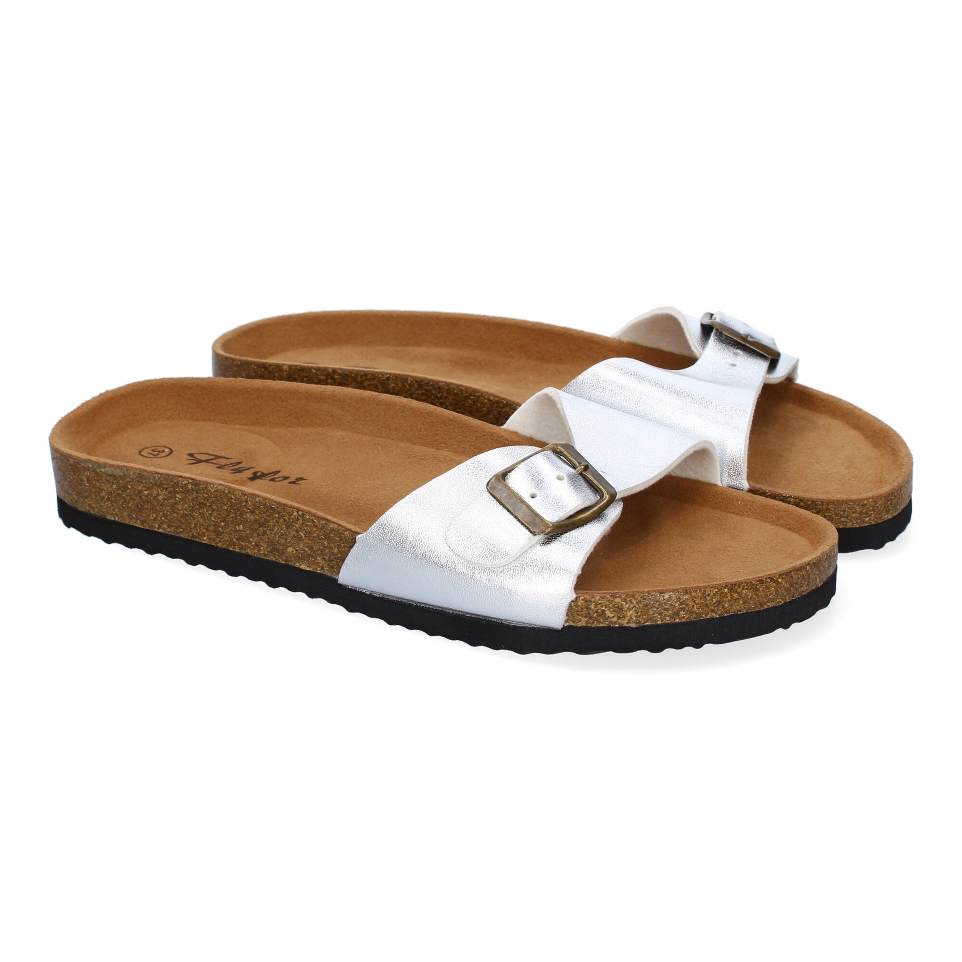 Sandalia plana para mujer M-102 en color plata, cómoda, elegante, de material Bio y con hebilla en la pala.