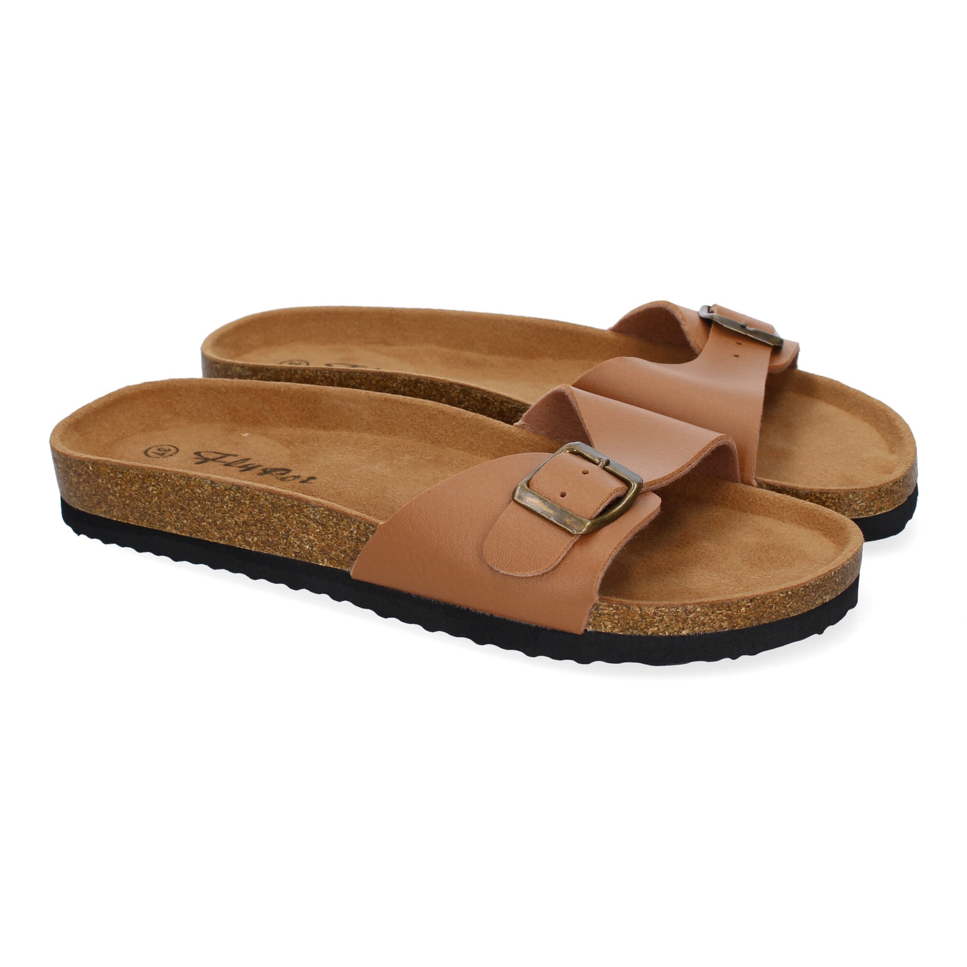 Sandalia plana para mujer M-102 en color taupe, cómoda, elegante, de material Bio y con hebilla en la pala.