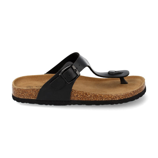 Sandalia tipo esclava para mujer M-16 en color negro, con piso de bio, planta anatómica y detalle de hebilla.