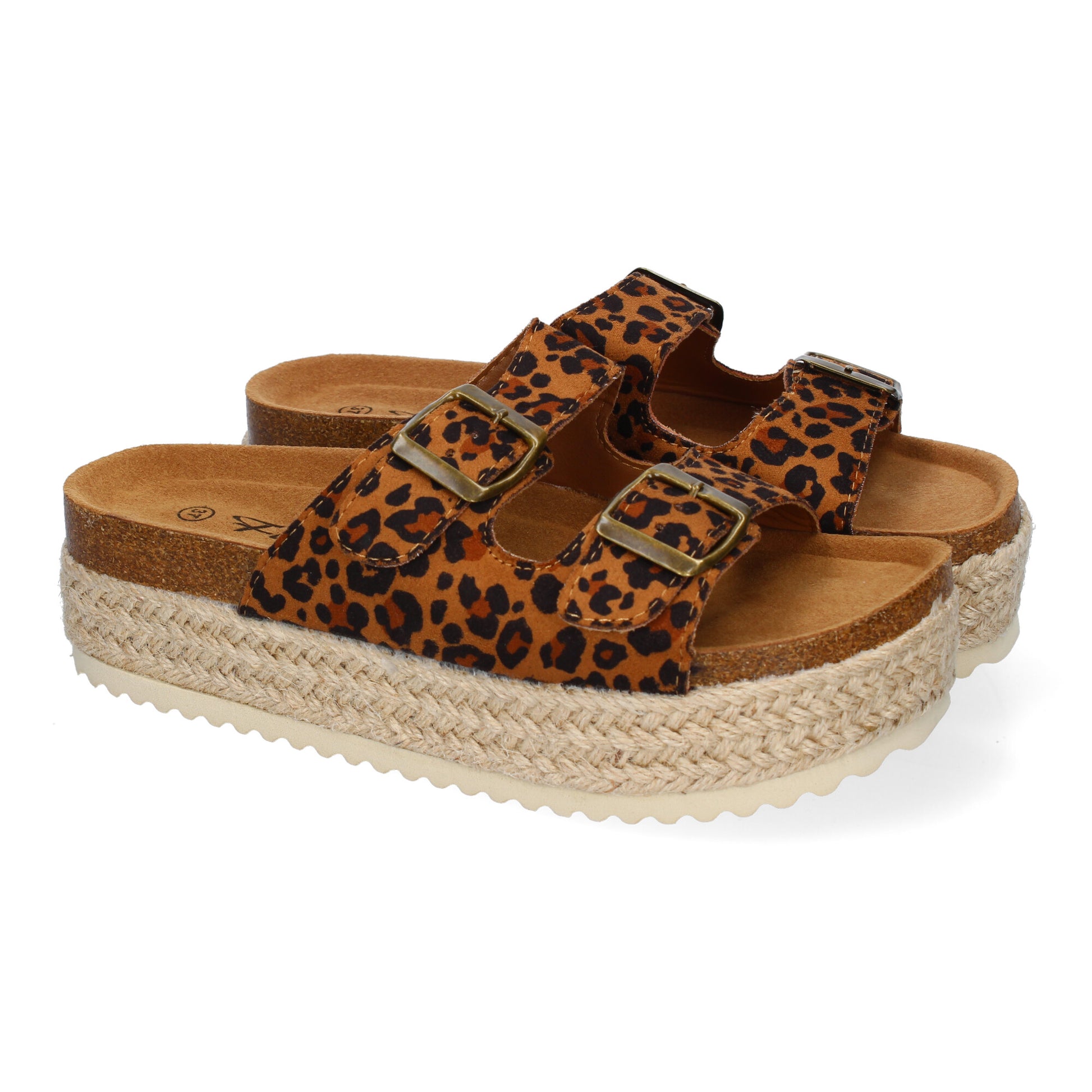 Sandalias de plataforma para mujer con estampado de leopardo, forradas de yute y cierre de hebilla. Calzado cómodo de verano.