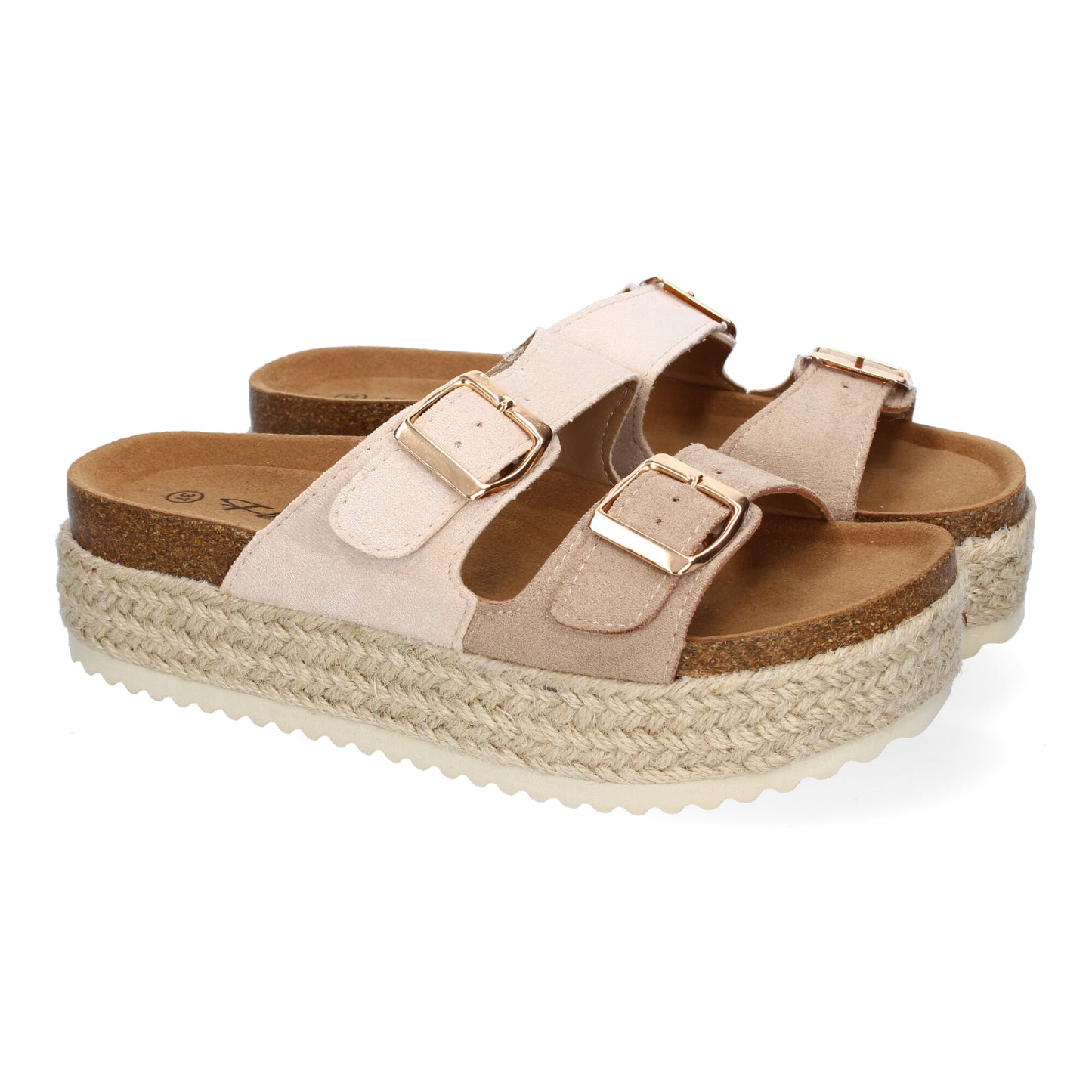 Sandalias de plataforma para mujer color nude, forradas de yute, con planta anatómica y hebillas en la pala. Calzado cómodo de verano.