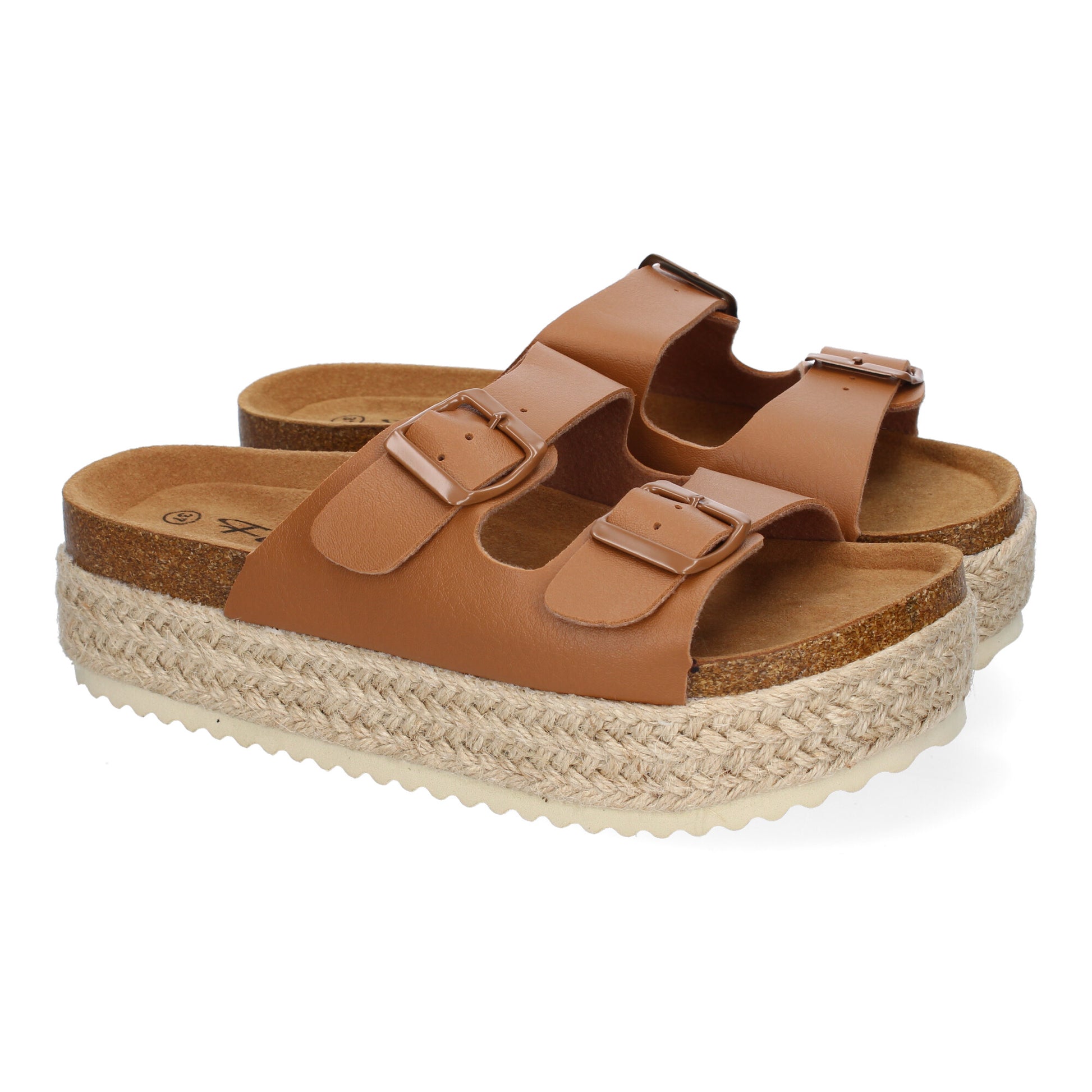 Sandalias de plataforma para mujer color taupe, forradas de yute, con planta anatómica y hebillas en la pala. Calzado cómodo de verano.