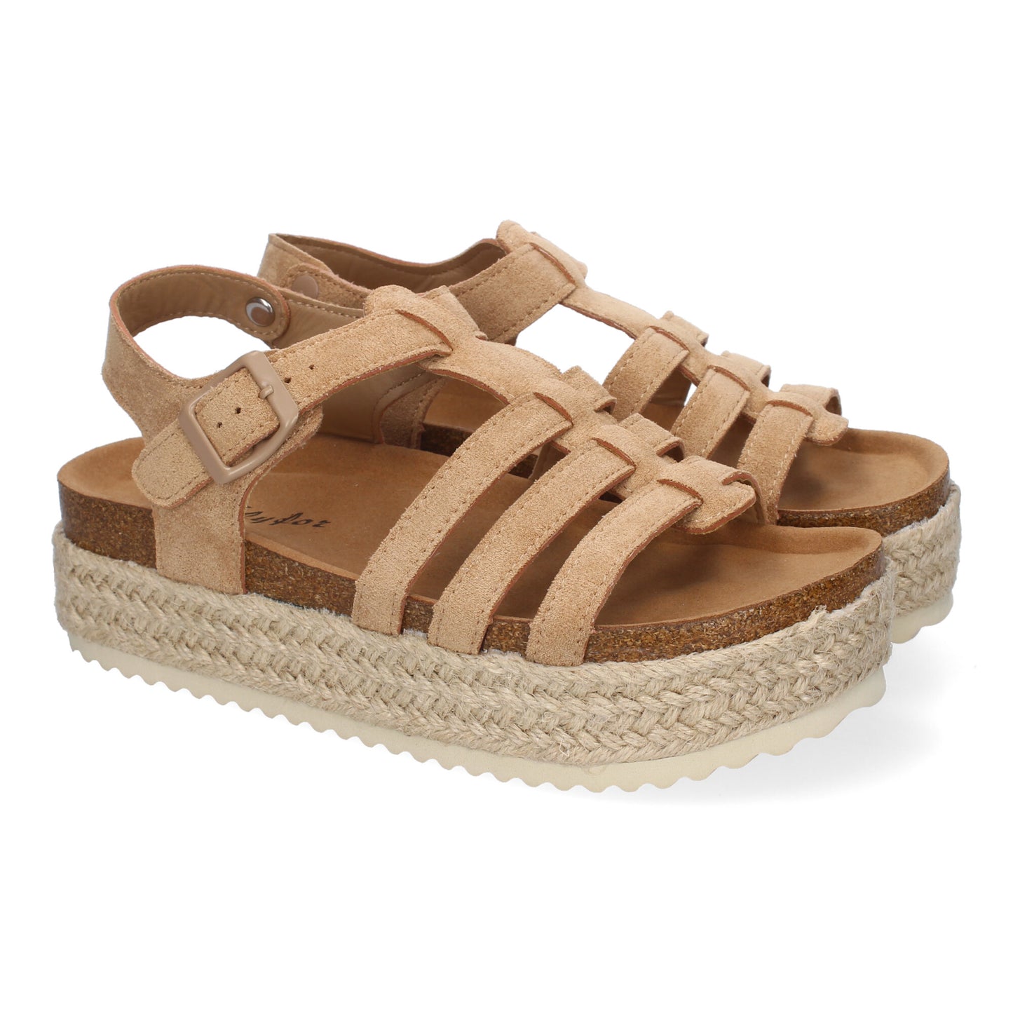 Sandalias de plataforma de yute para mujer color kaki, con tiras cruzadas y cierre de hebilla ajustable. Calzado de verano.