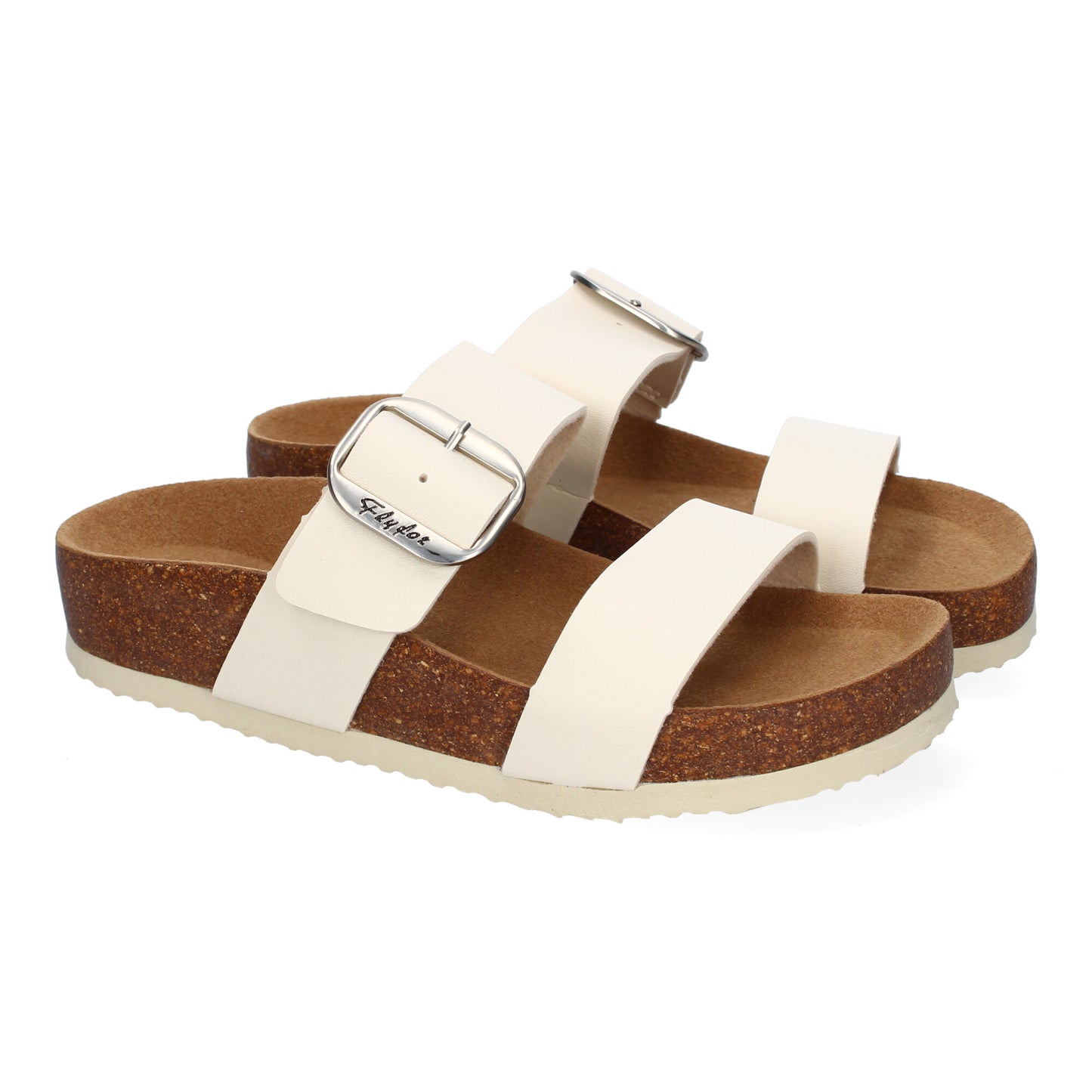Sandalias de cuña para mujer color beige, tipo esclava, con piso Bio, planta anatómica y detalle de hebilla. Calzado de verano.