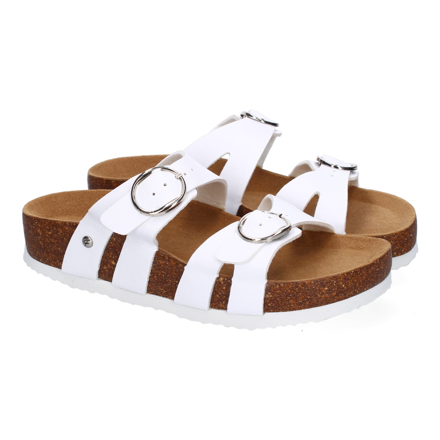 Sandalias planas Bio para mujer color blanco con doble hebilla ajustable. Calzado cómodo y elegante de verano.