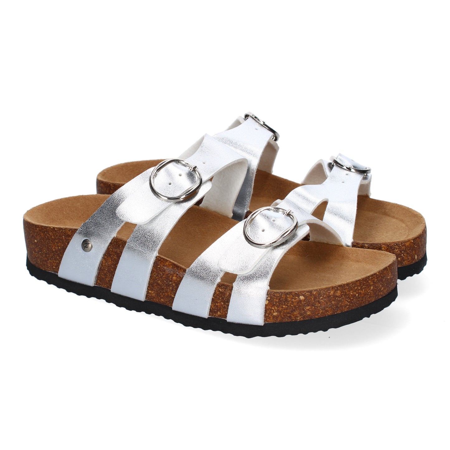 Sandalias planas Bio para mujer color plata con doble hebilla ajustable. Calzado cómodo y elegante de verano.