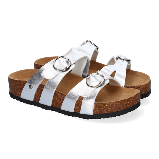 Sandalias planas Bio para mujer color plata con doble hebilla ajustable. Calzado cómodo y elegante de verano.