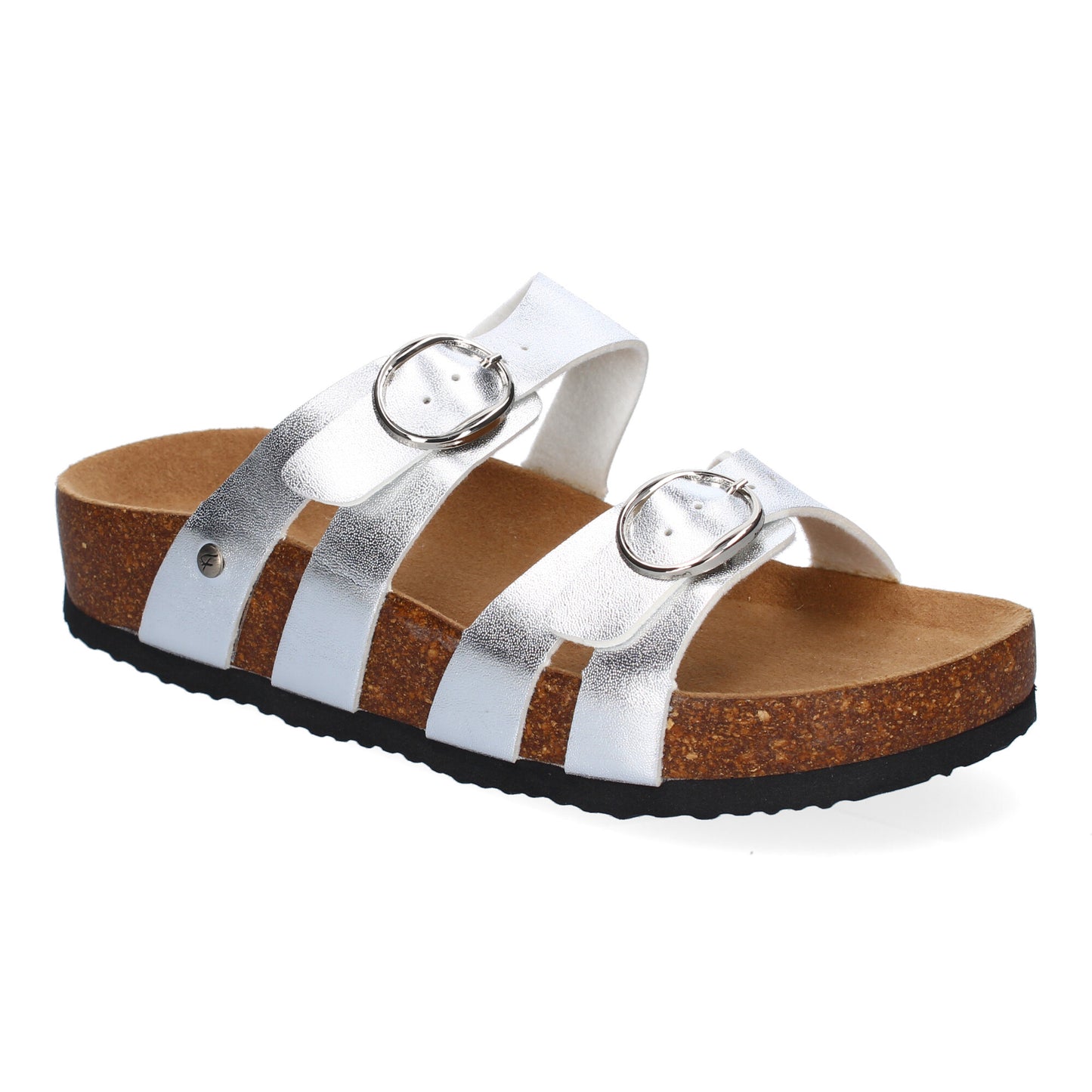 Sandalias Bio Planas Mujer Plata Doble Hebilla Modernas y Ligeras