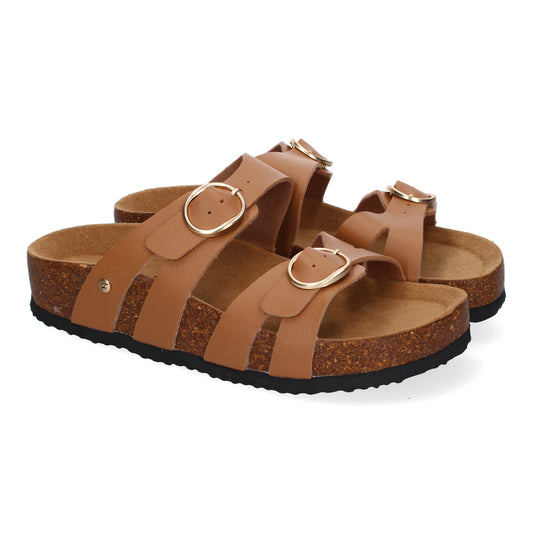 Sandalias planas Bio para mujer color taupe con doble hebilla ajustable. Calzado cómodo y elegante de verano.
