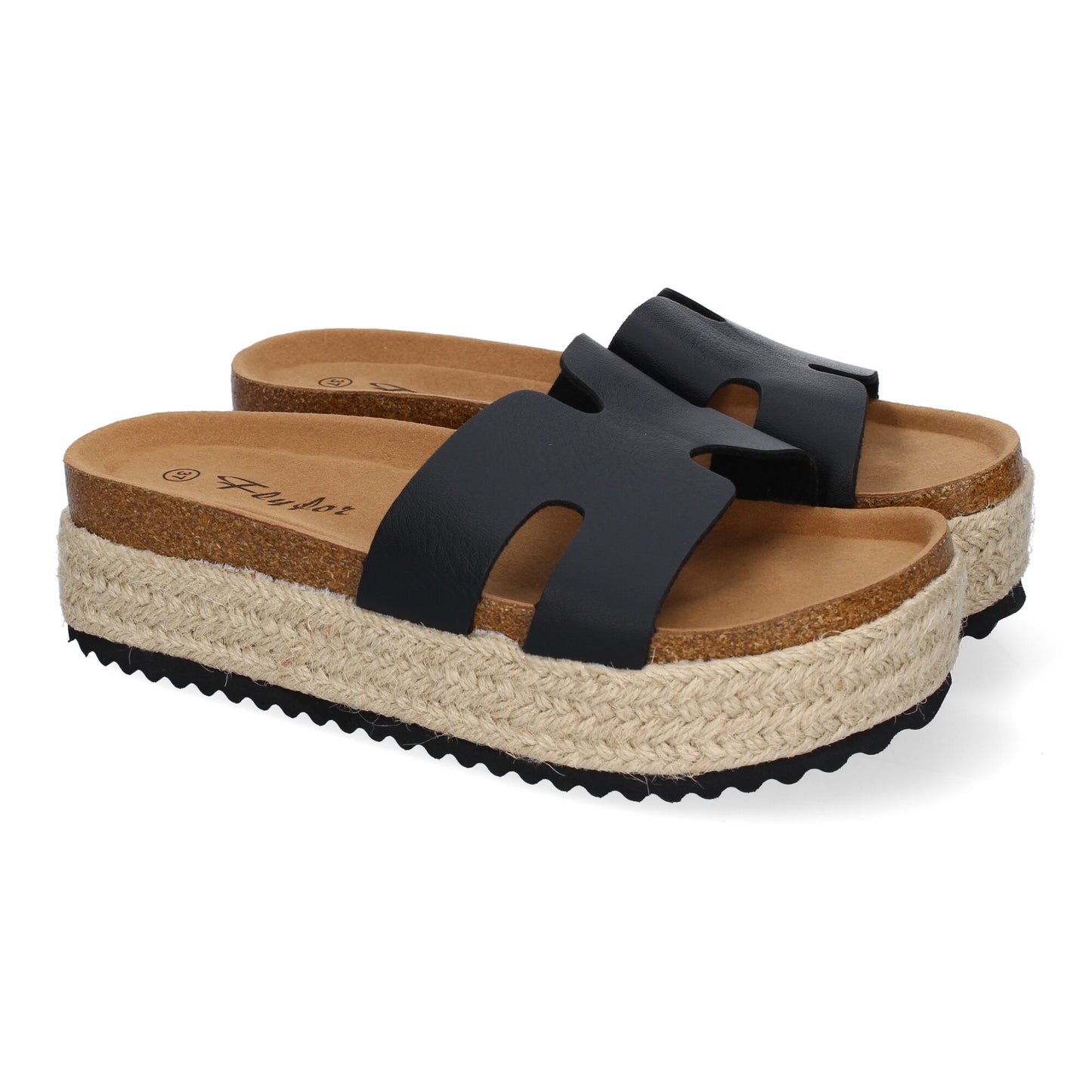 Sandalias planas Bio para mujer color negro con detalle en la pala y planta anatómica. Calzado cómodo de verano.
